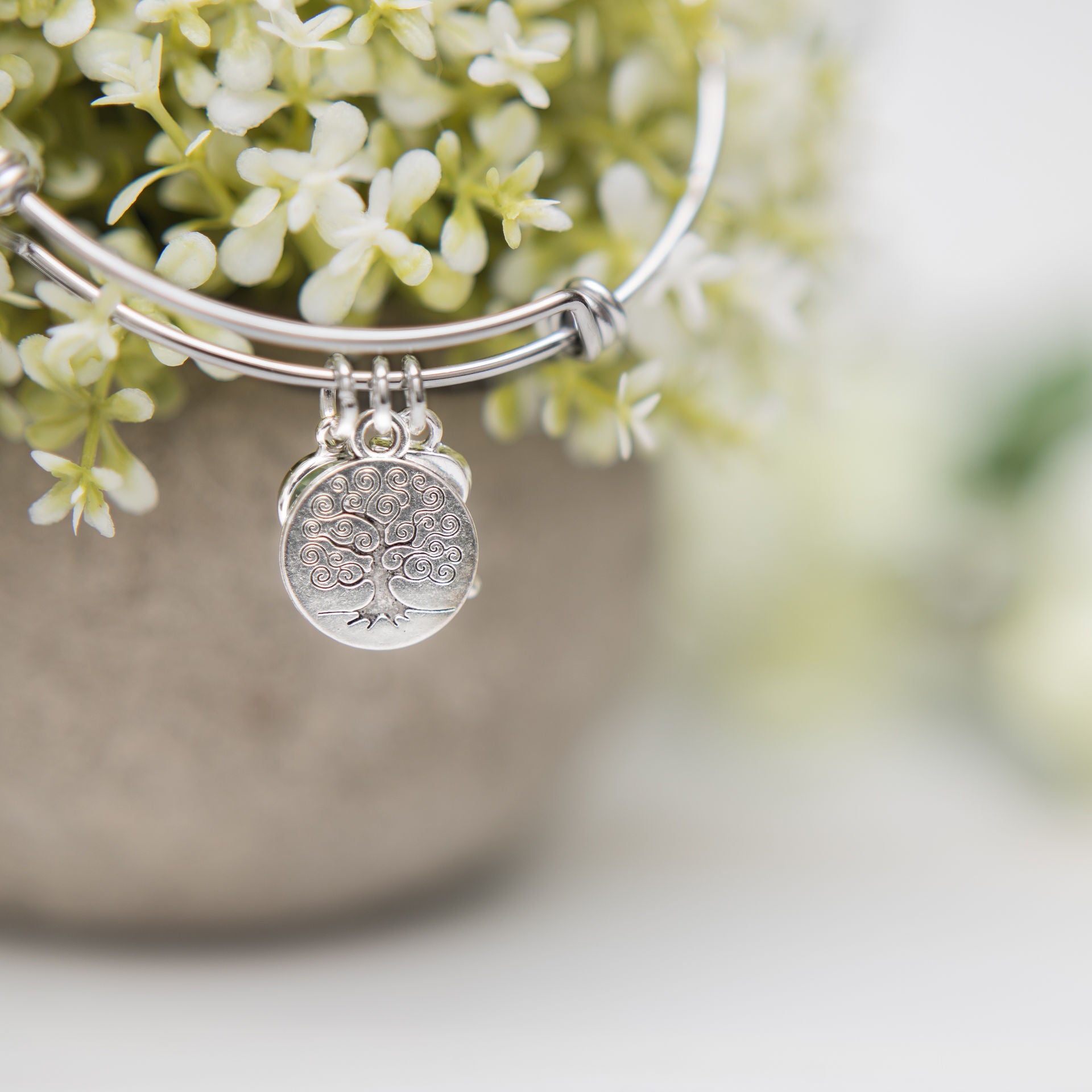 Tree bracelet, adjustable bangle, personalised gifts, birthstone and letter charms, nature family jewellery