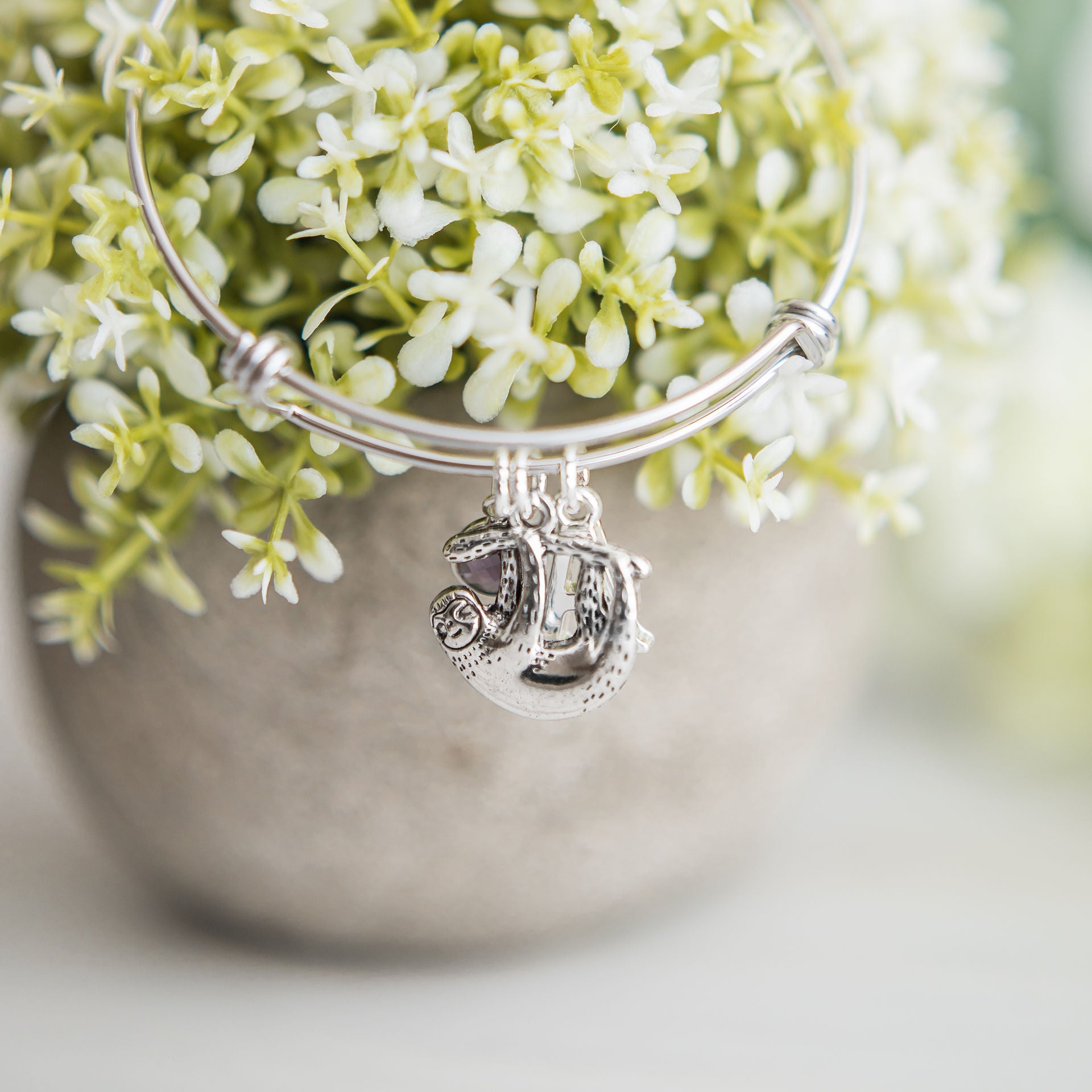 Sloth bracelet, adjustable bangle, personalised gifts, birthstone and letter charms, animal jewellery