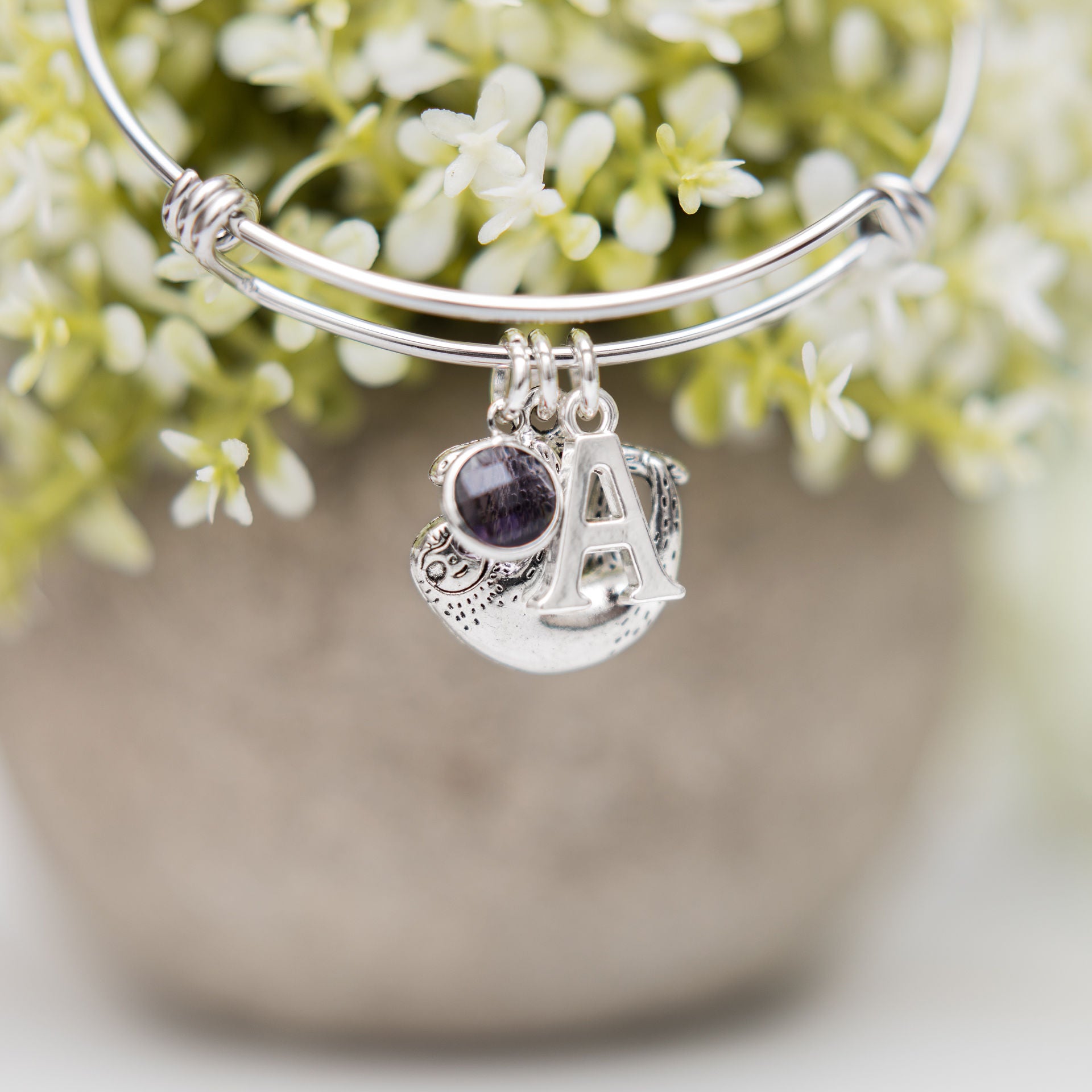 Sloth bracelet, adjustable bangle, personalised gifts, birthstone and letter charms, animal jewellery