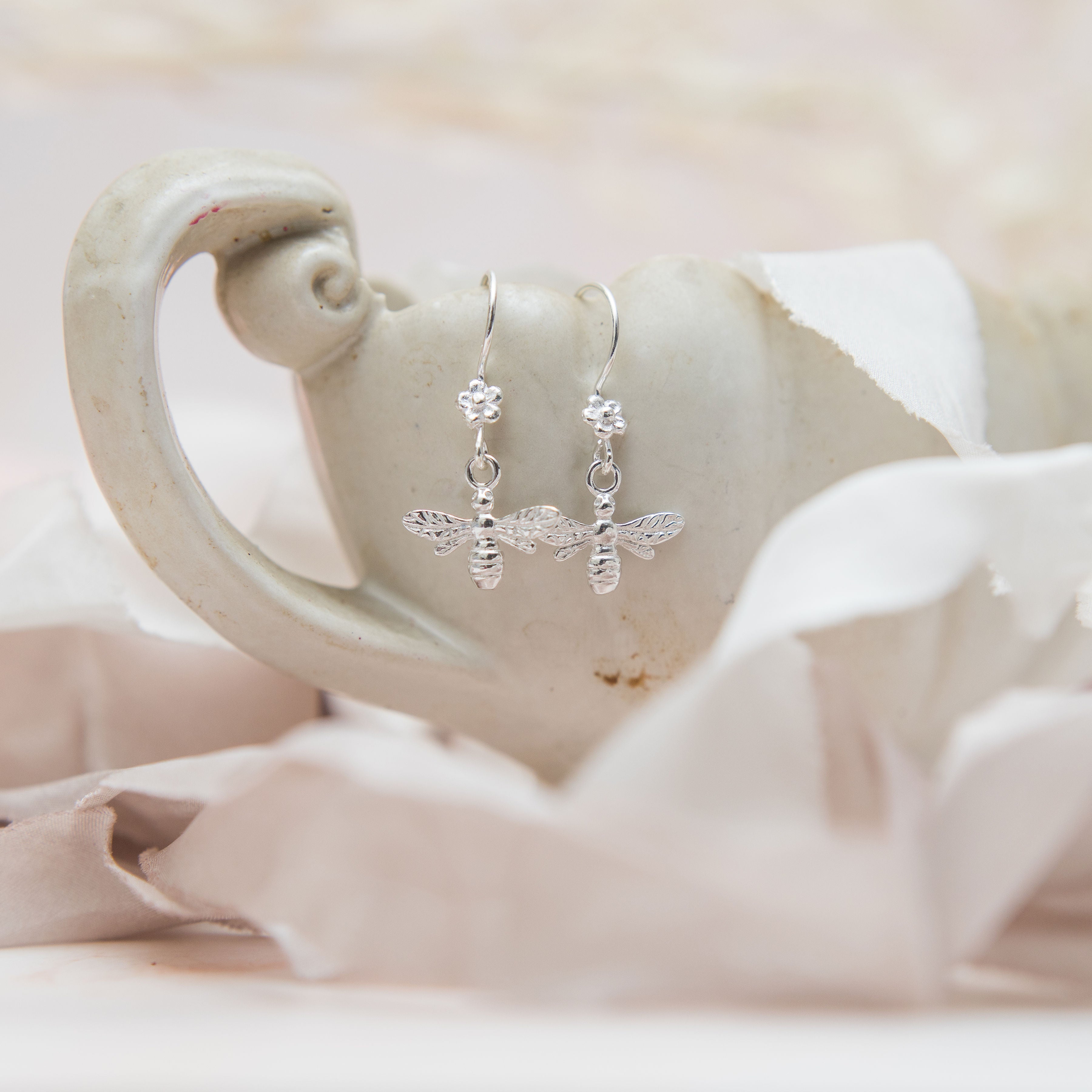 Sterling Silver Bee Earrings with Flower Hooks