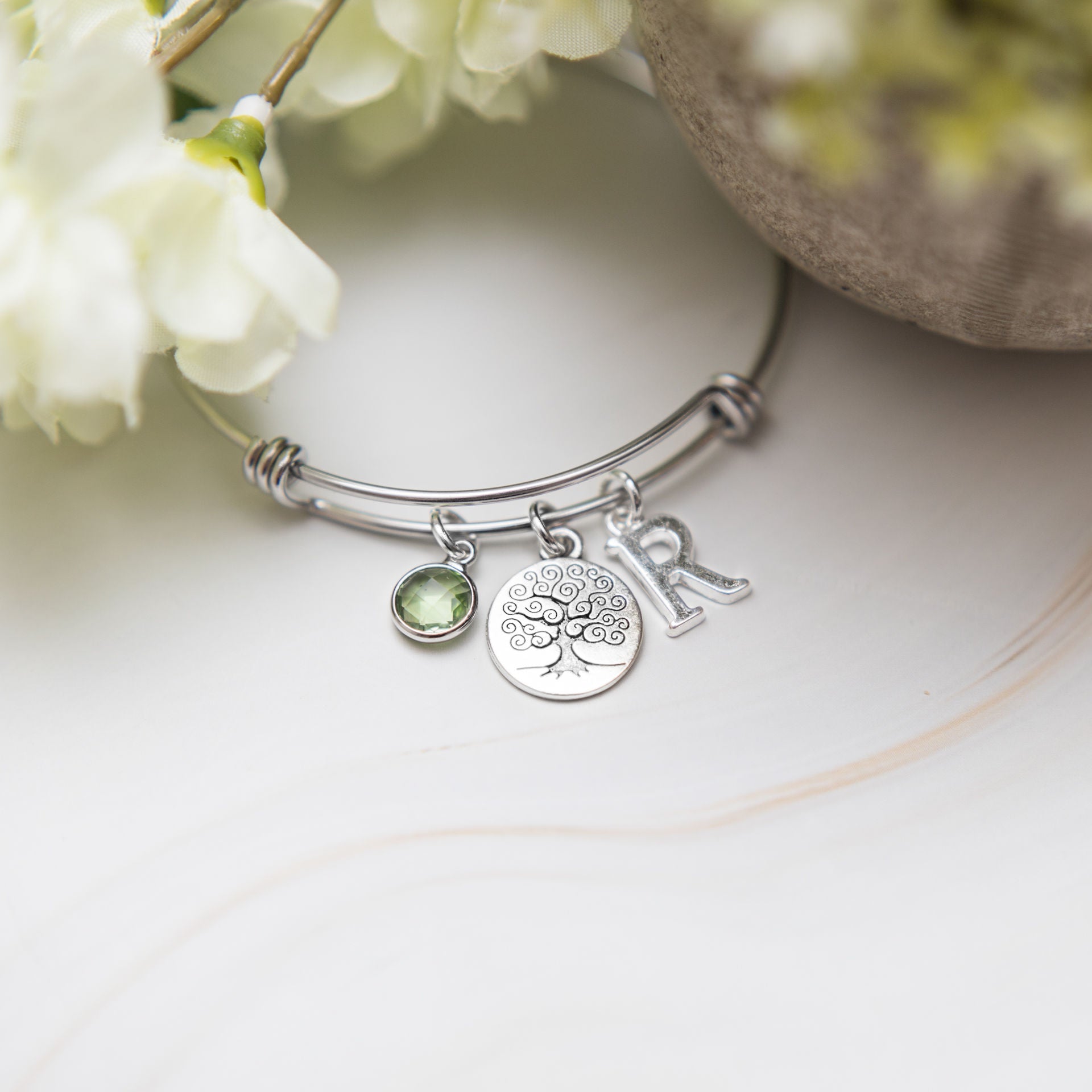 Tree bracelet, adjustable bangle, personalised gifts, birthstone and letter charms, nature family jewellery