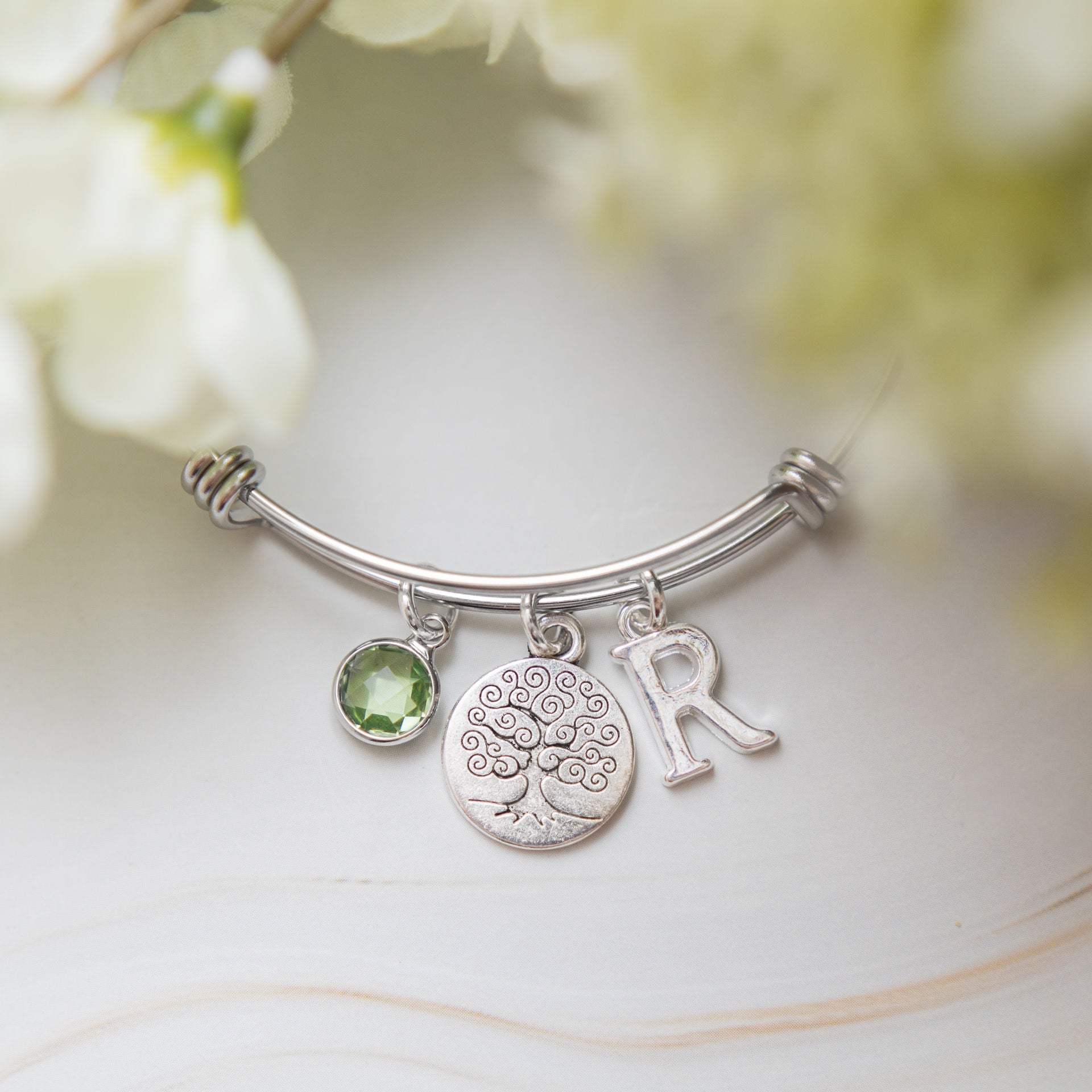 Tree bracelet, adjustable bangle, personalised gifts, birthstone and letter charms, nature family jewellery