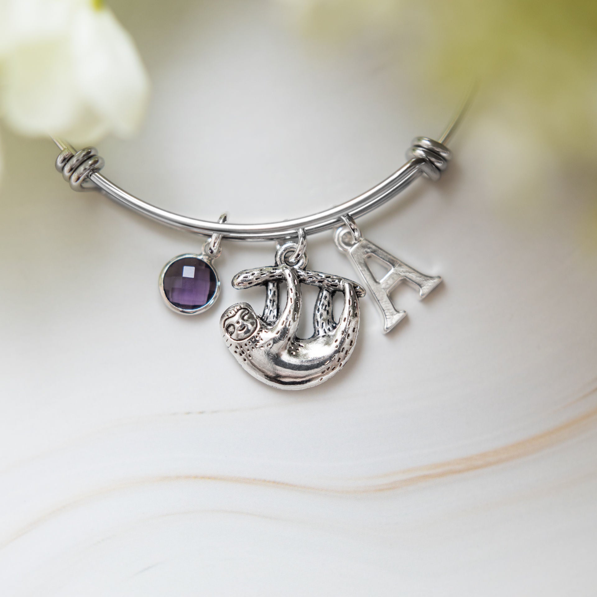 Sloth bracelet, adjustable bangle, personalised gifts, birthstone and letter charms, animal jewellery