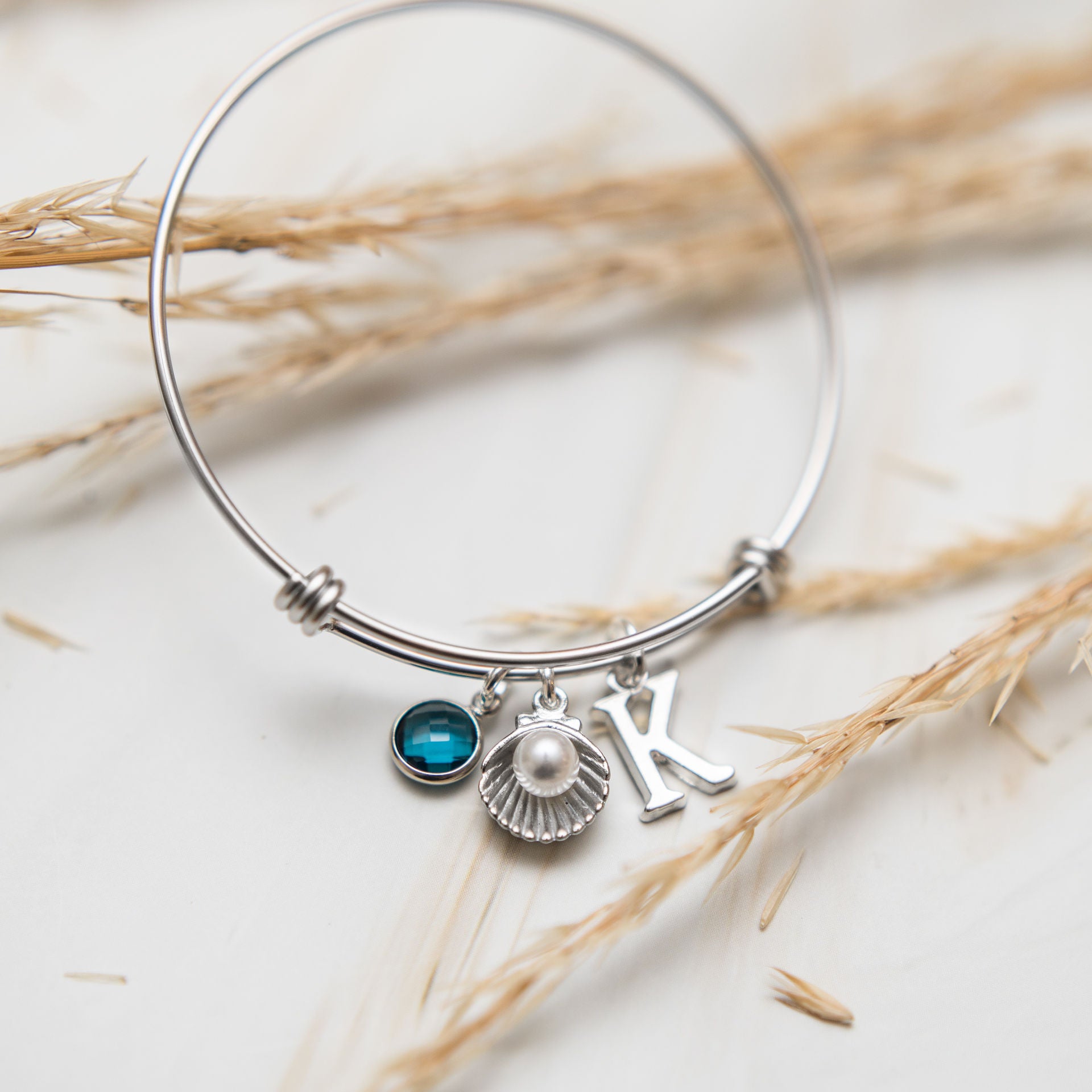 Shell bracelet, adjustable bangle, personalised gifts, birthstone and letter charms, beach ocean jewellery