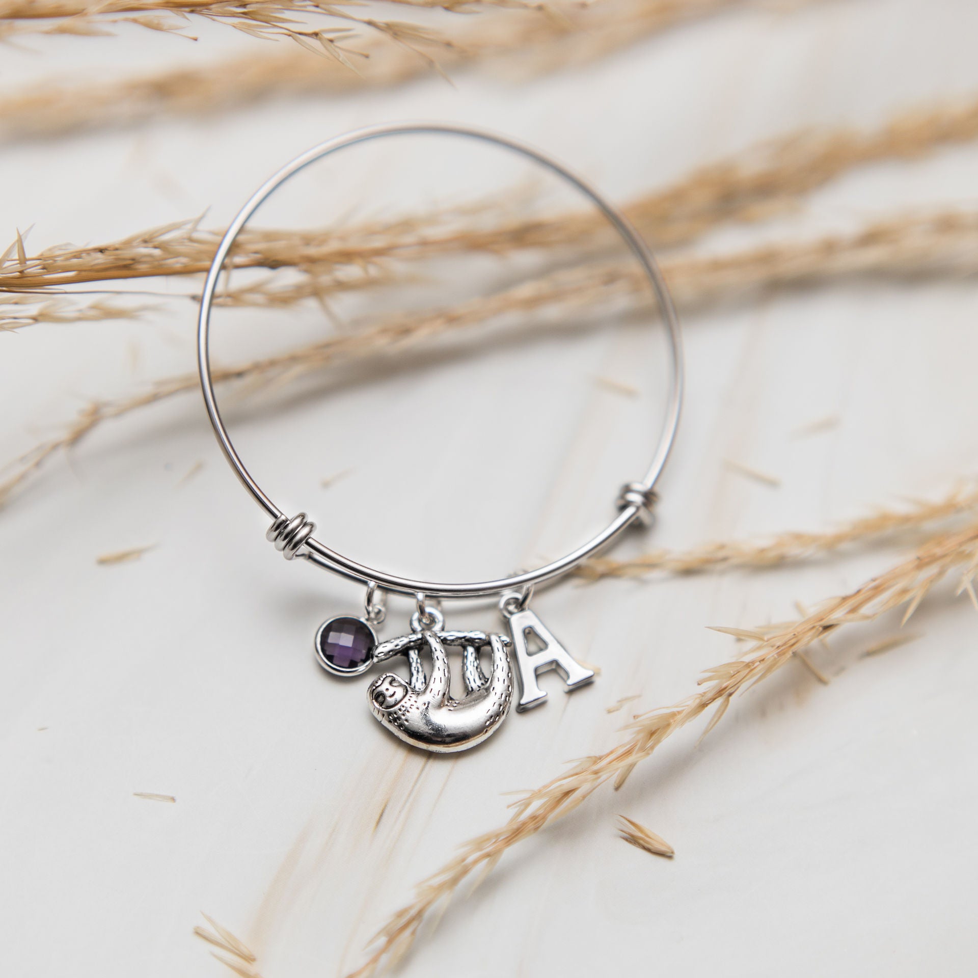 Sloth bracelet, adjustable bangle, personalised gifts, birthstone and letter charms, animal jewellery