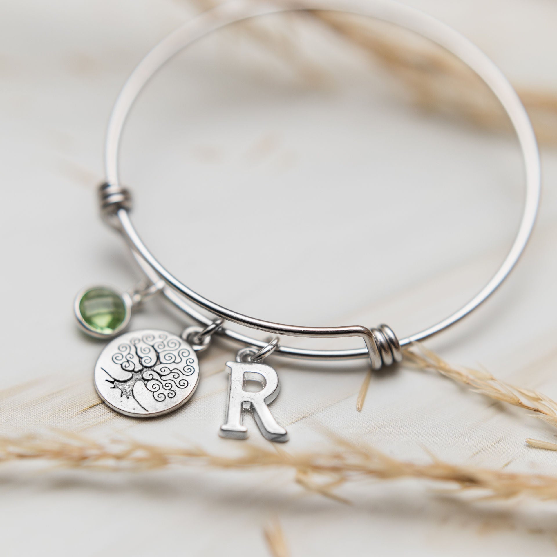 Tree bracelet, adjustable bangle, personalised gifts, birthstone and letter charms, nature family jewellery