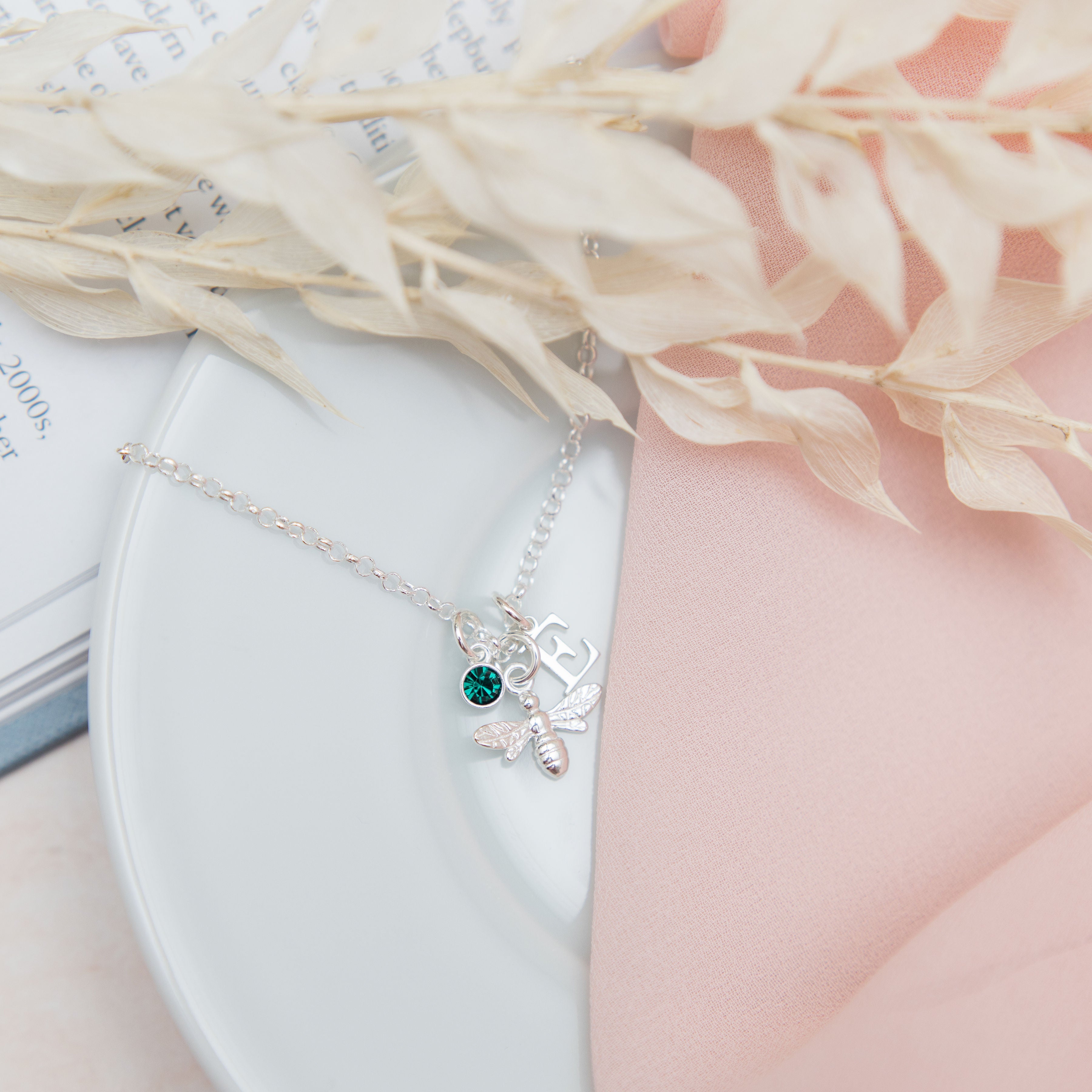 Sterling Silver Bumble Bee Bracelet Personalised Birthstone and Letter