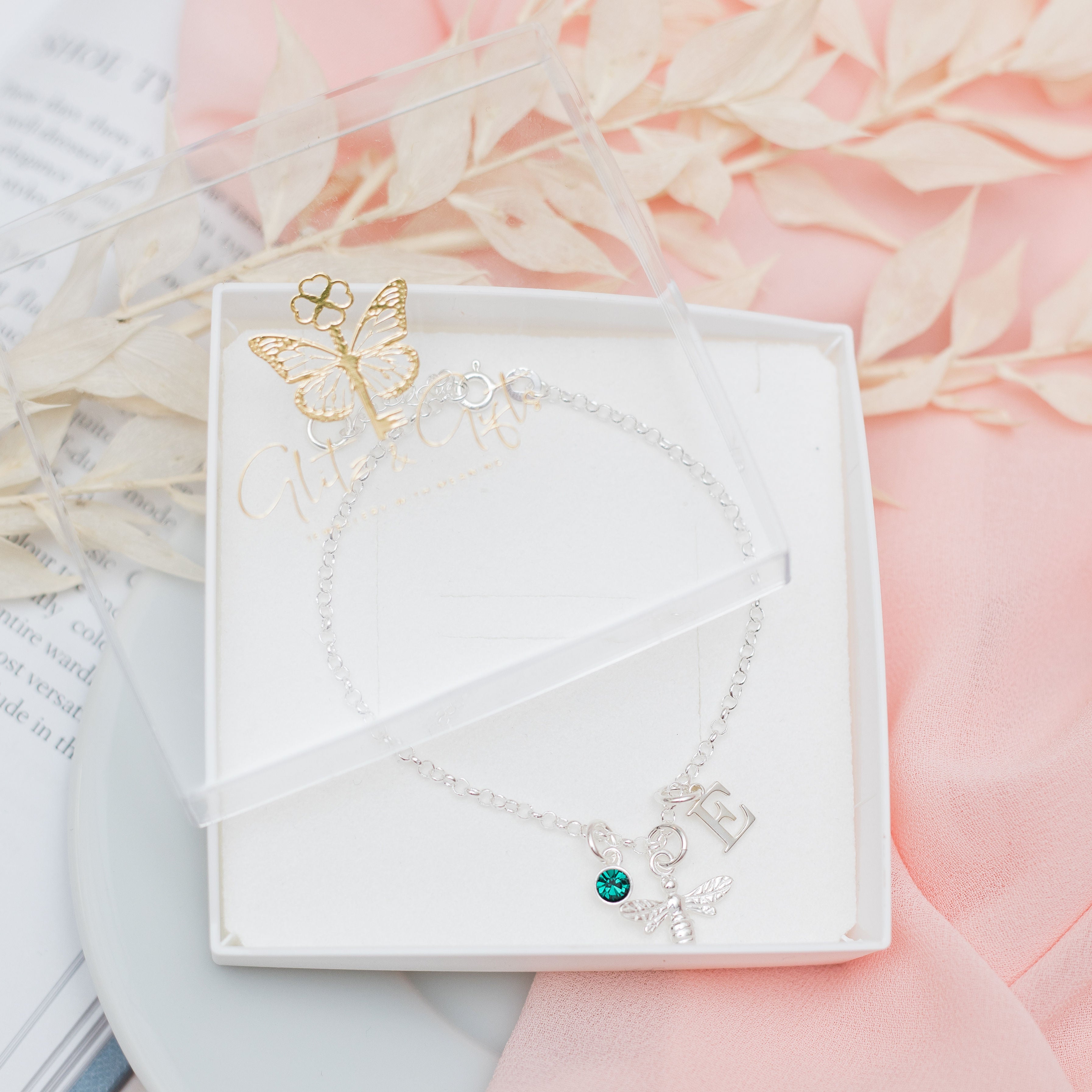 Sterling Silver Bumble Bee Bracelet Personalised Birthstone and Letter