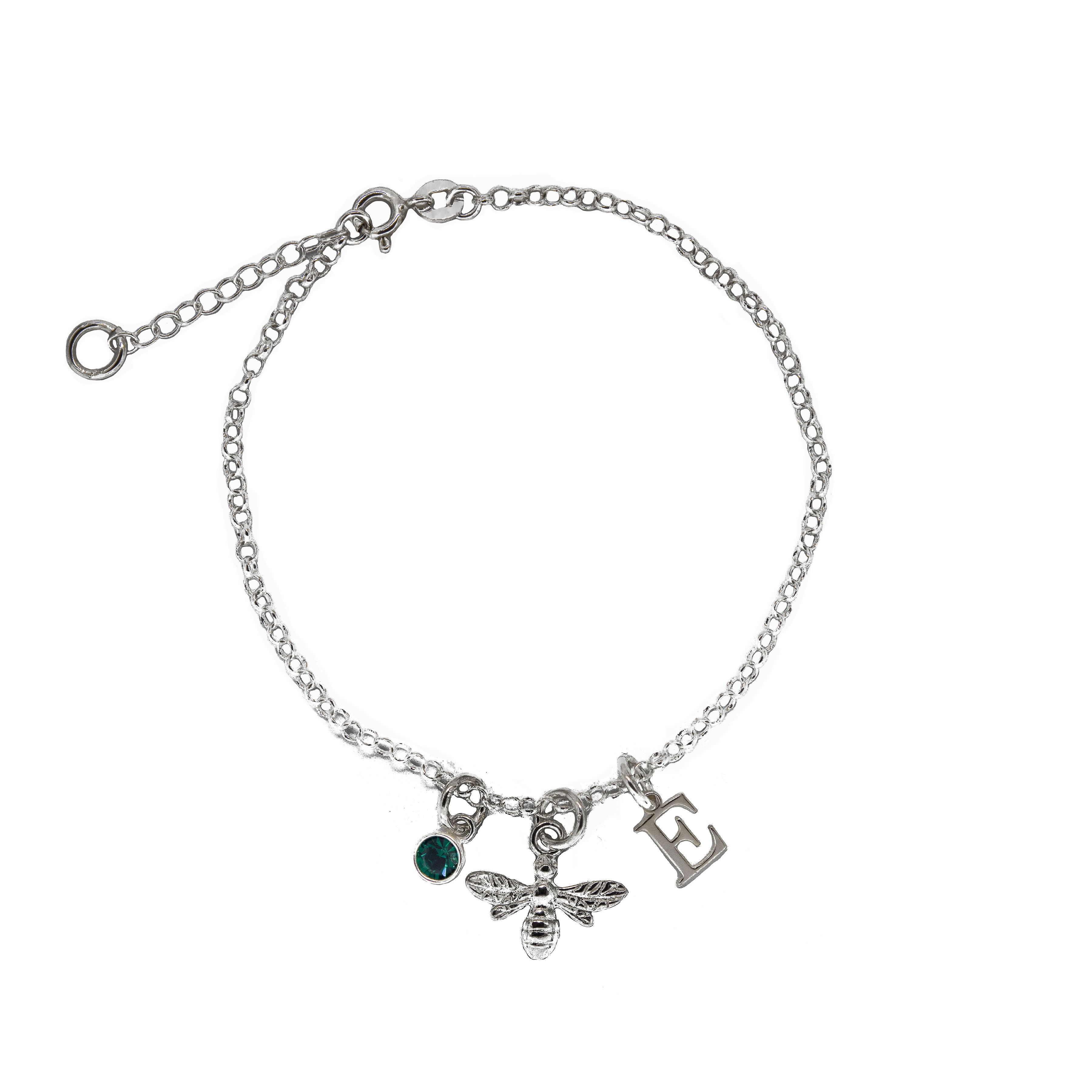 Sterling Silver Bumble Bee Bracelet Personalised Birthstone and Letter