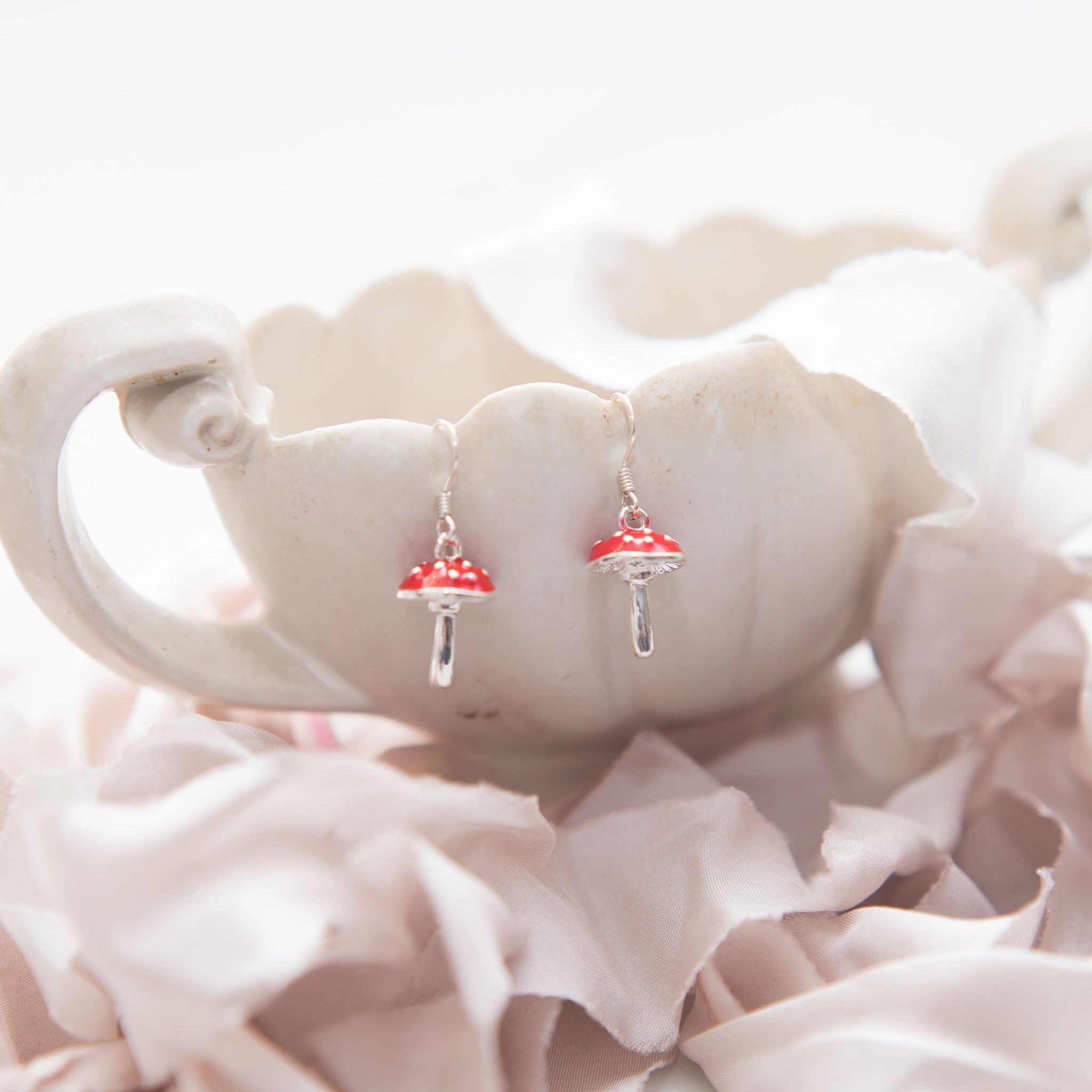Enamel Red Toadstool Charm Earrings