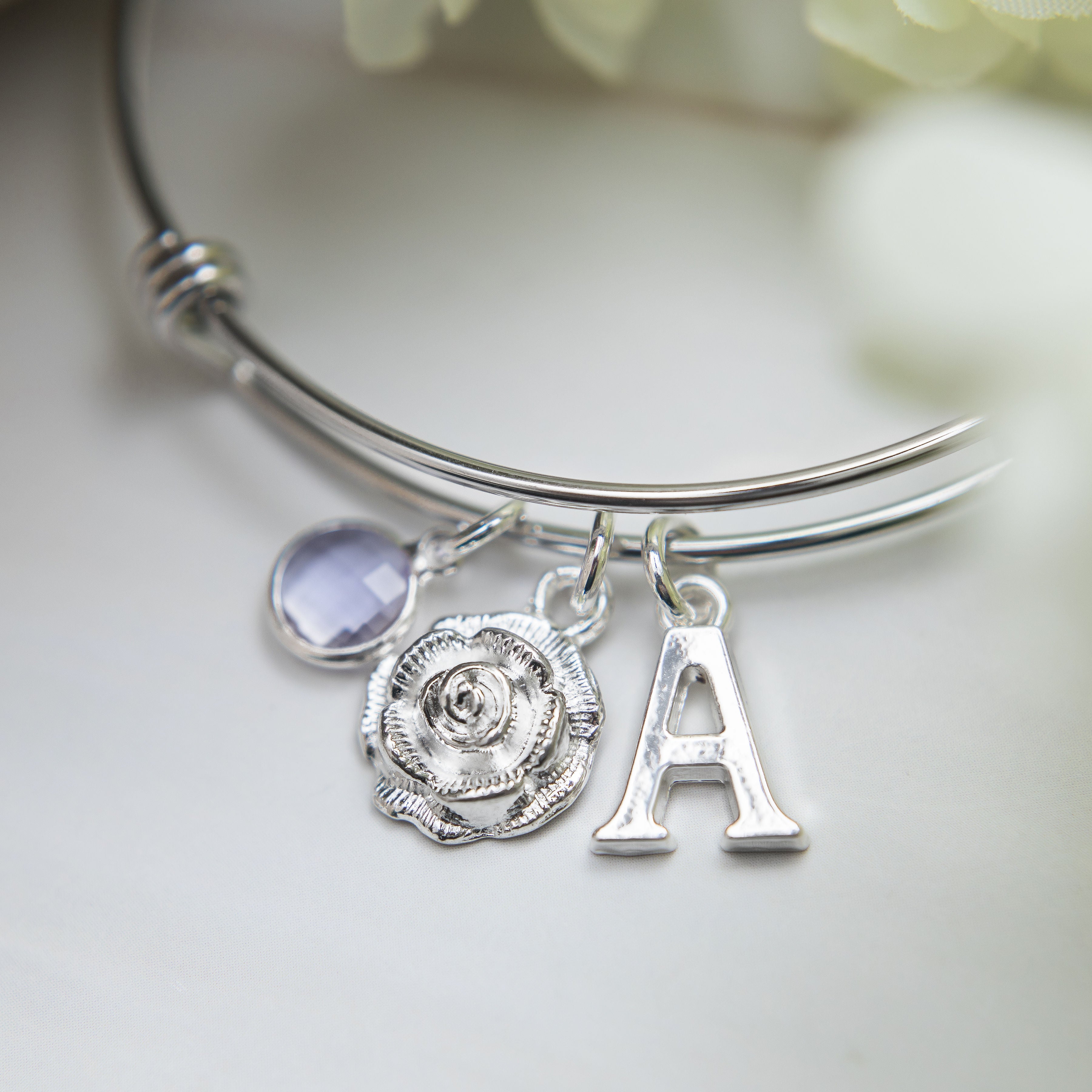 Rose bracelet, rose bangle, adjustable bangle, flower jewellery, gardener gift, gardening theme, personalised gifts,  birthstone and initial