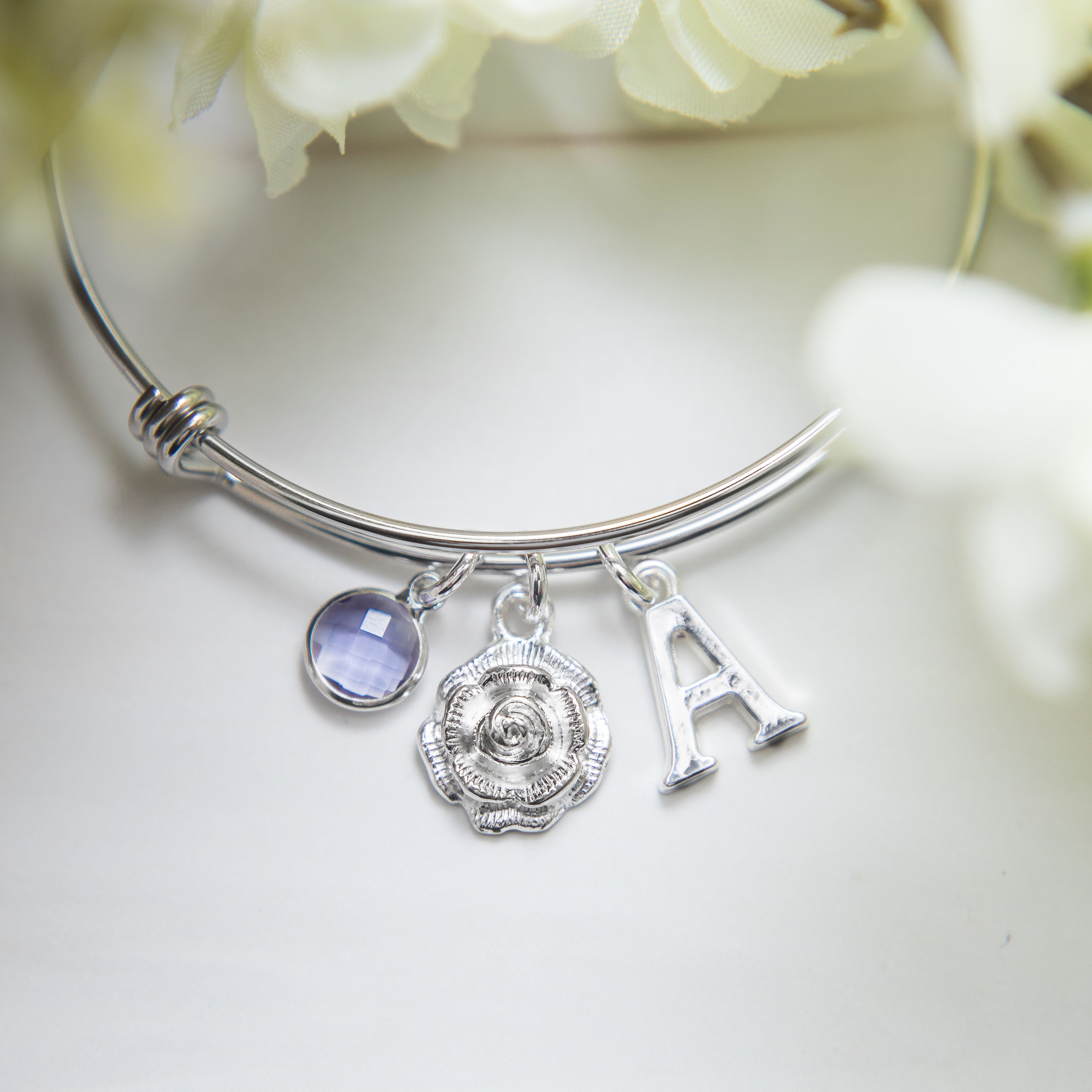 Rose bracelet, rose bangle, adjustable bangle, flower jewellery, gardener gift, gardening theme, personalised gifts,  birthstone and initial