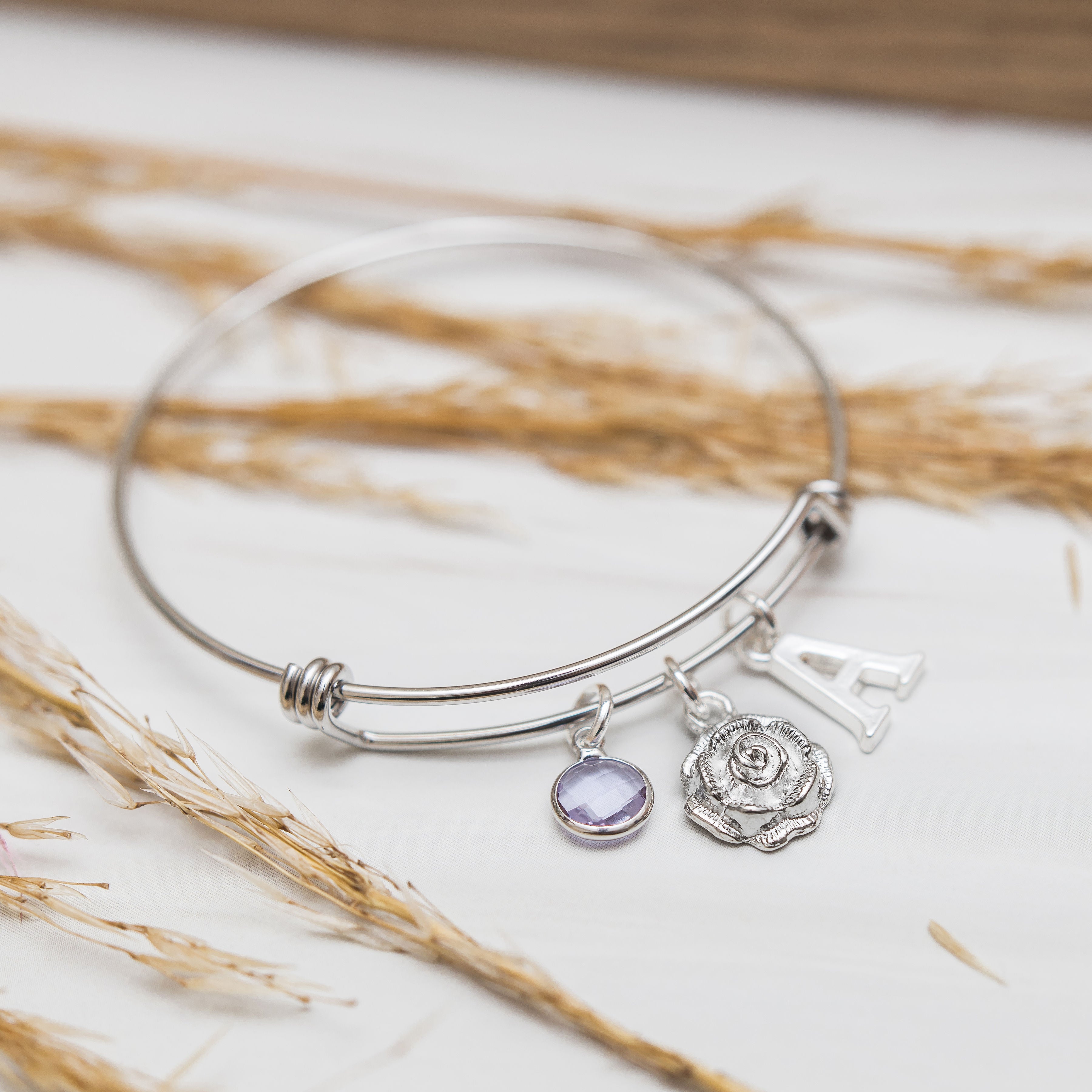 Rose bracelet, rose bangle, adjustable bangle, flower jewellery, gardener gift, gardening theme, personalised gifts,  birthstone and initial