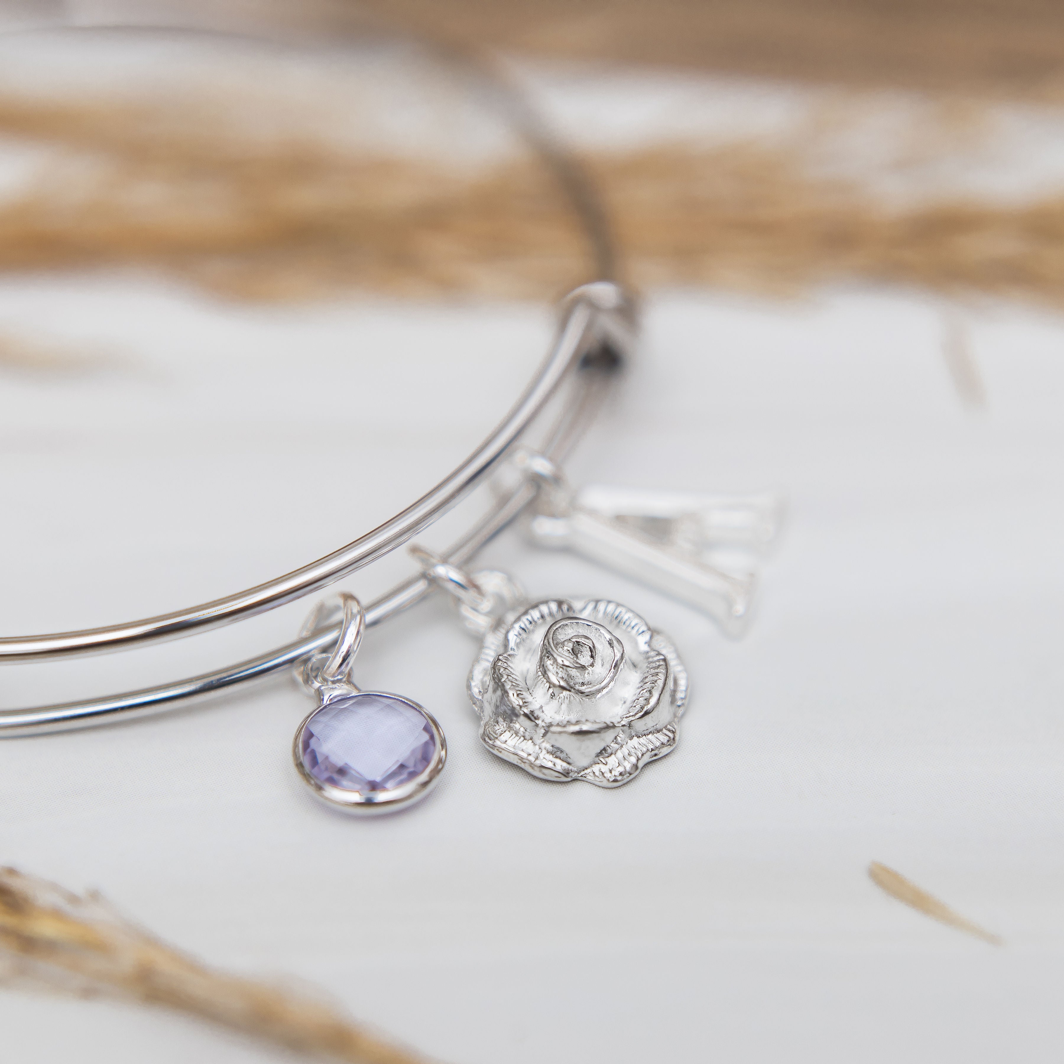 Rose bracelet, rose bangle, adjustable bangle, flower jewellery, gardener gift, gardening theme, personalised gifts,  birthstone and initial