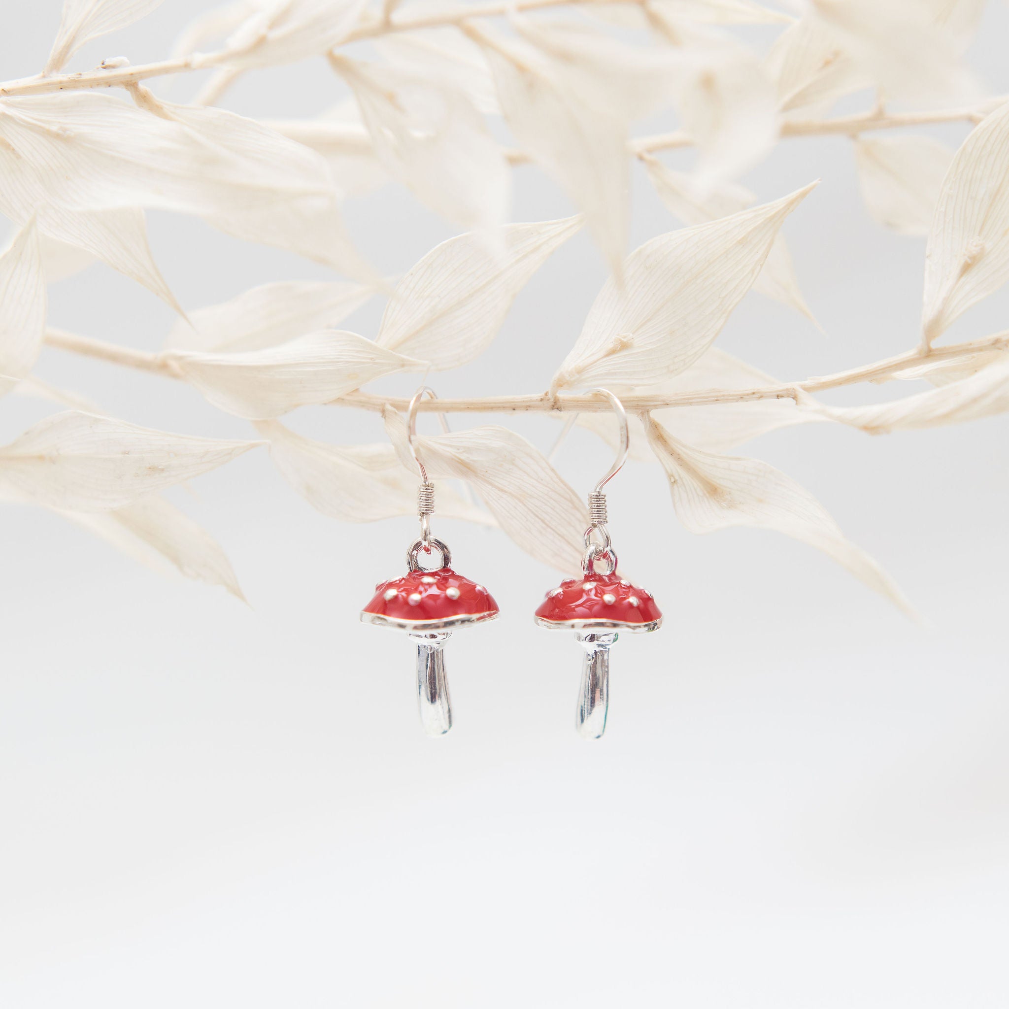 Enamel Red Toadstool Charm Earrings
