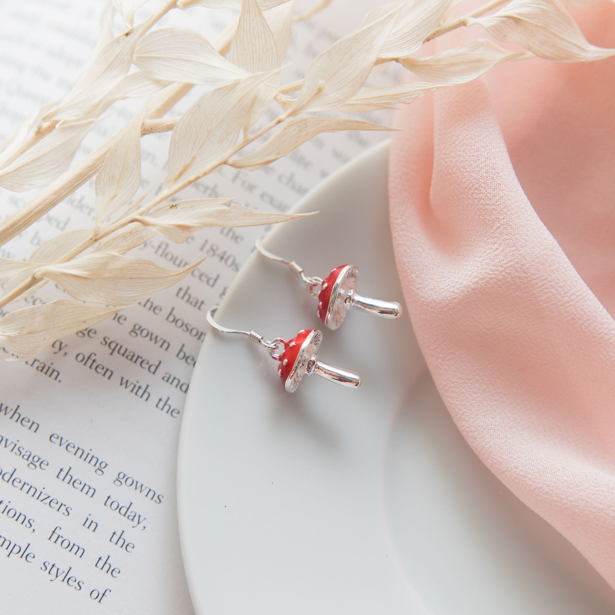 Enamel Red Toadstool Charm Earrings