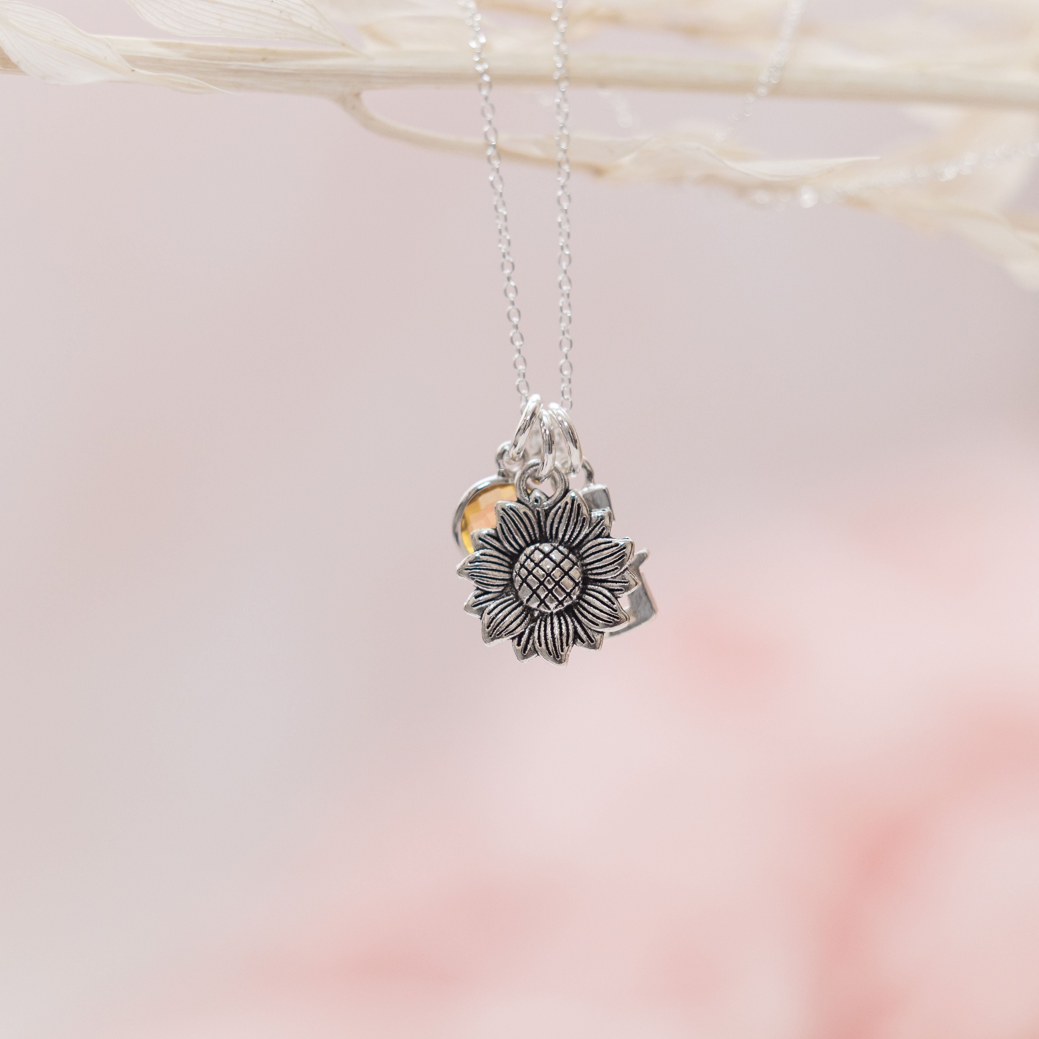 Personalised Sunflower Necklace Birthstone and Initial