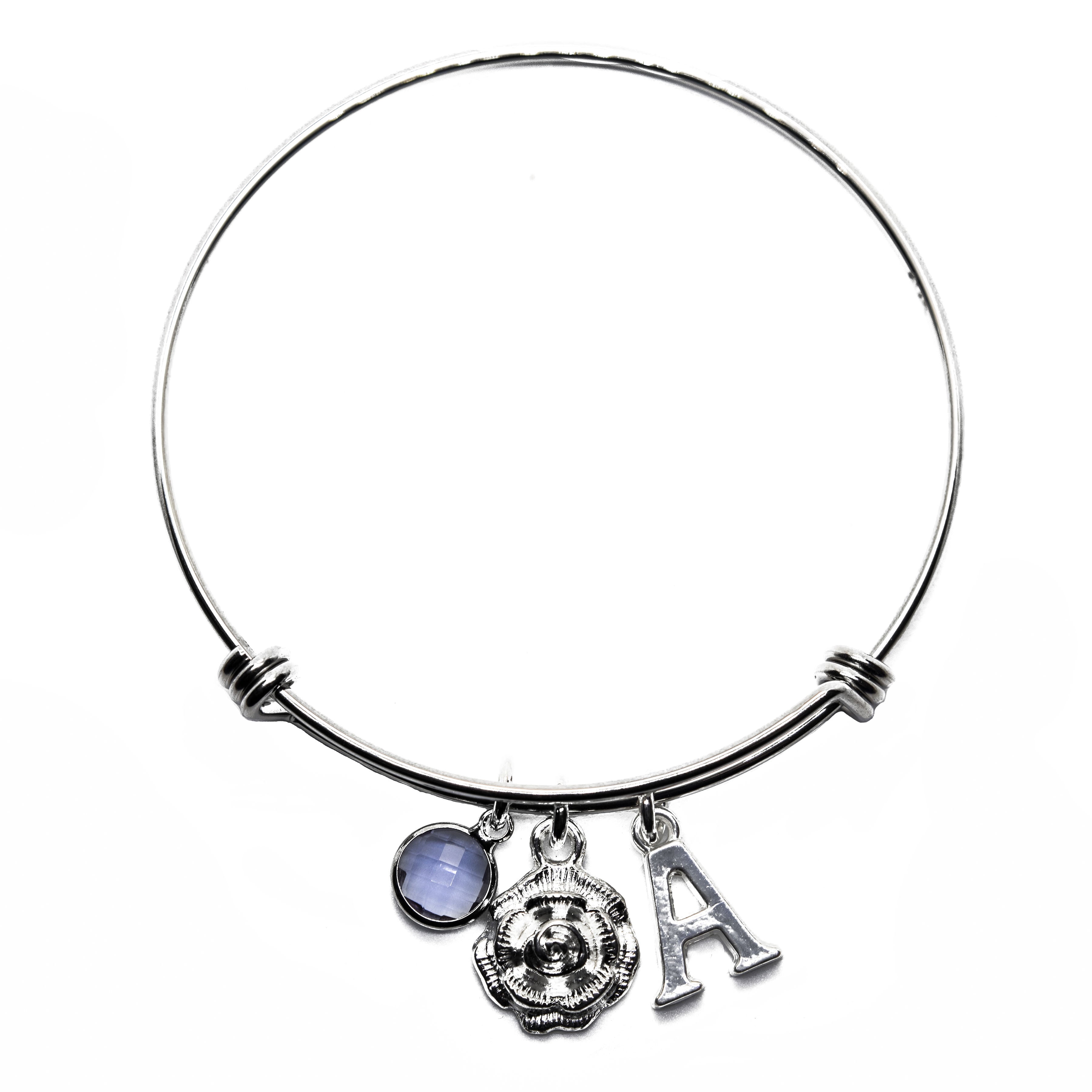 Rose bracelet, rose bangle, adjustable bangle, flower jewellery, gardener gift, gardening theme, personalised gifts,  birthstone and initial