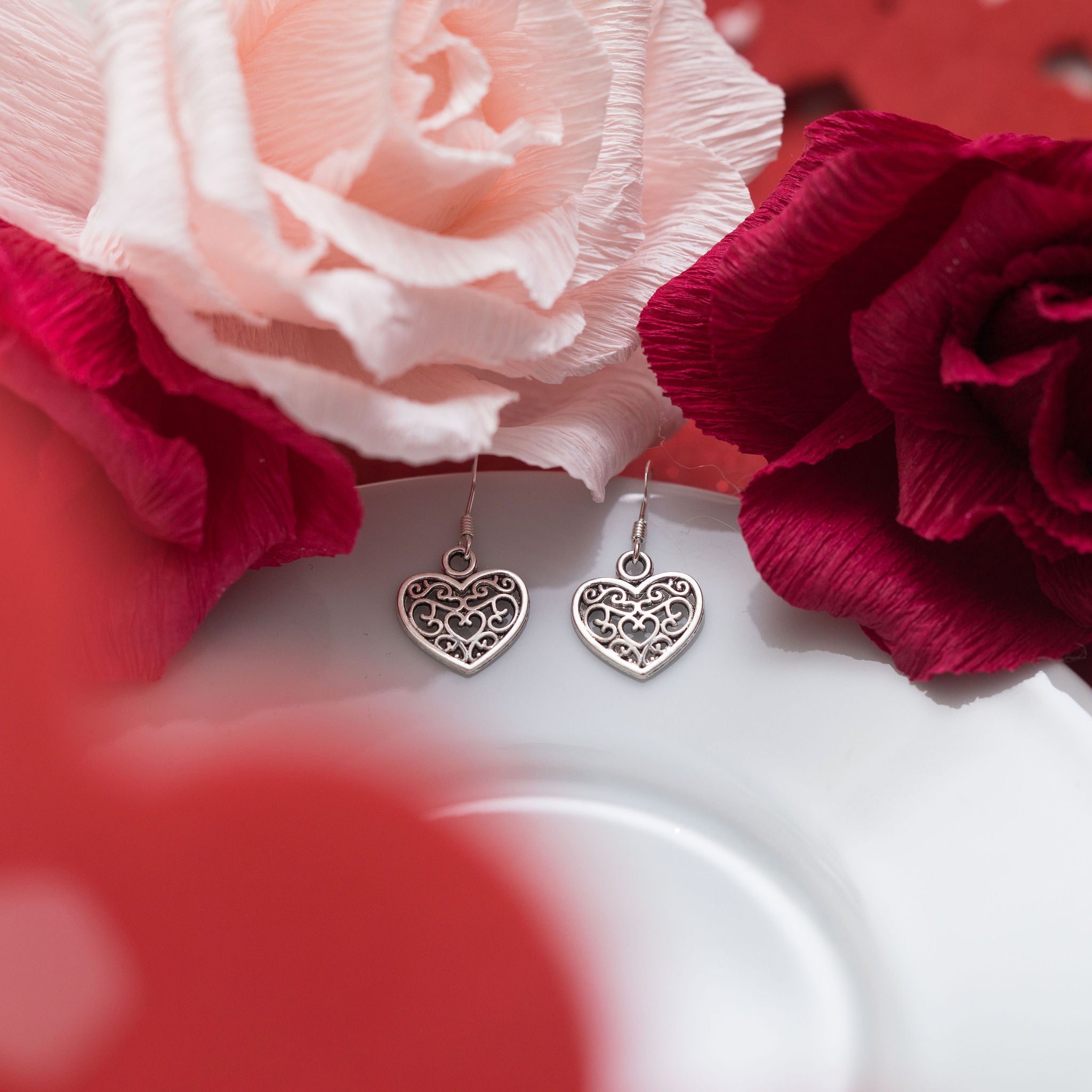 Filigree Heart Charm Earrings