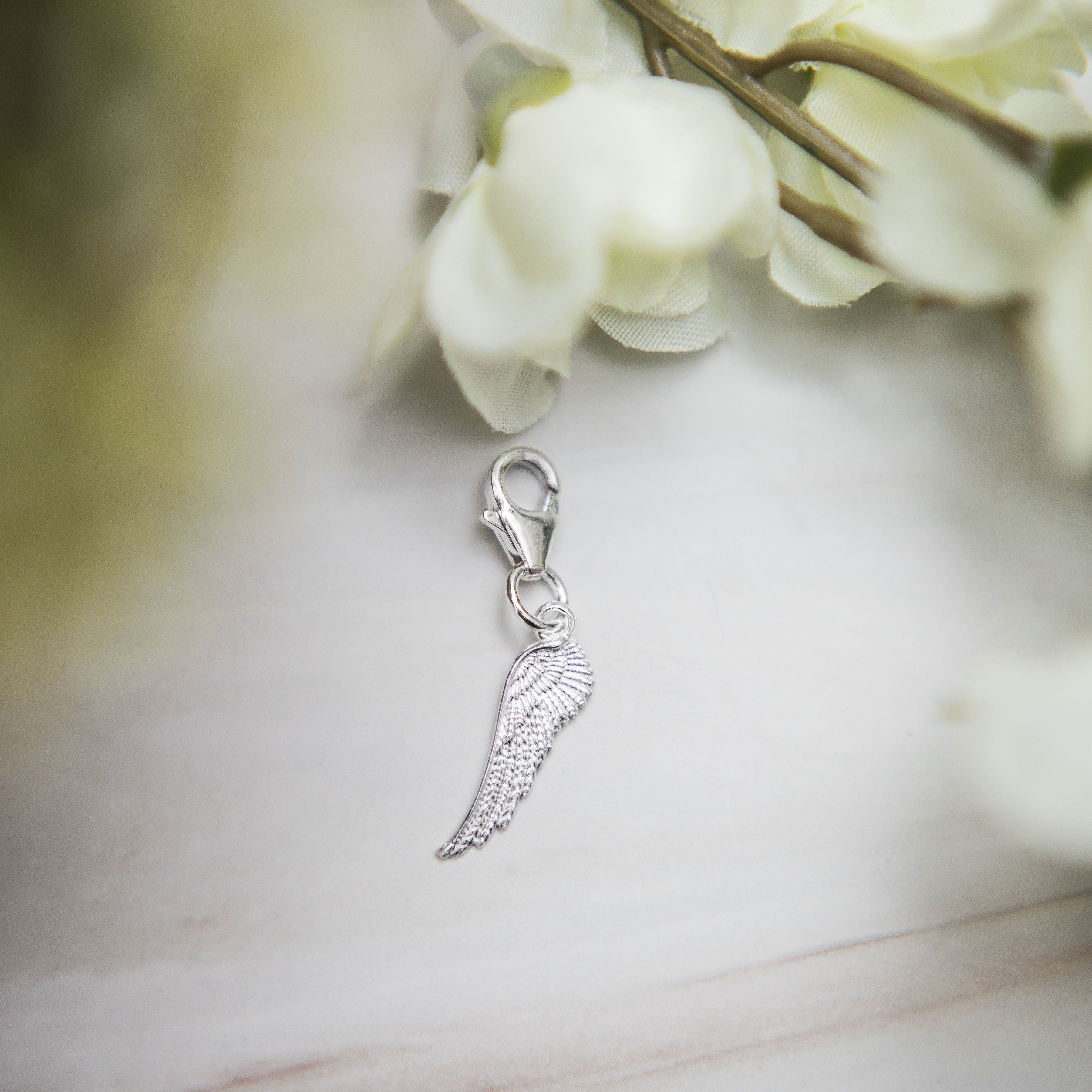 Silver angel wing charm - 925 sterling silver clip on charms - lobster clasp