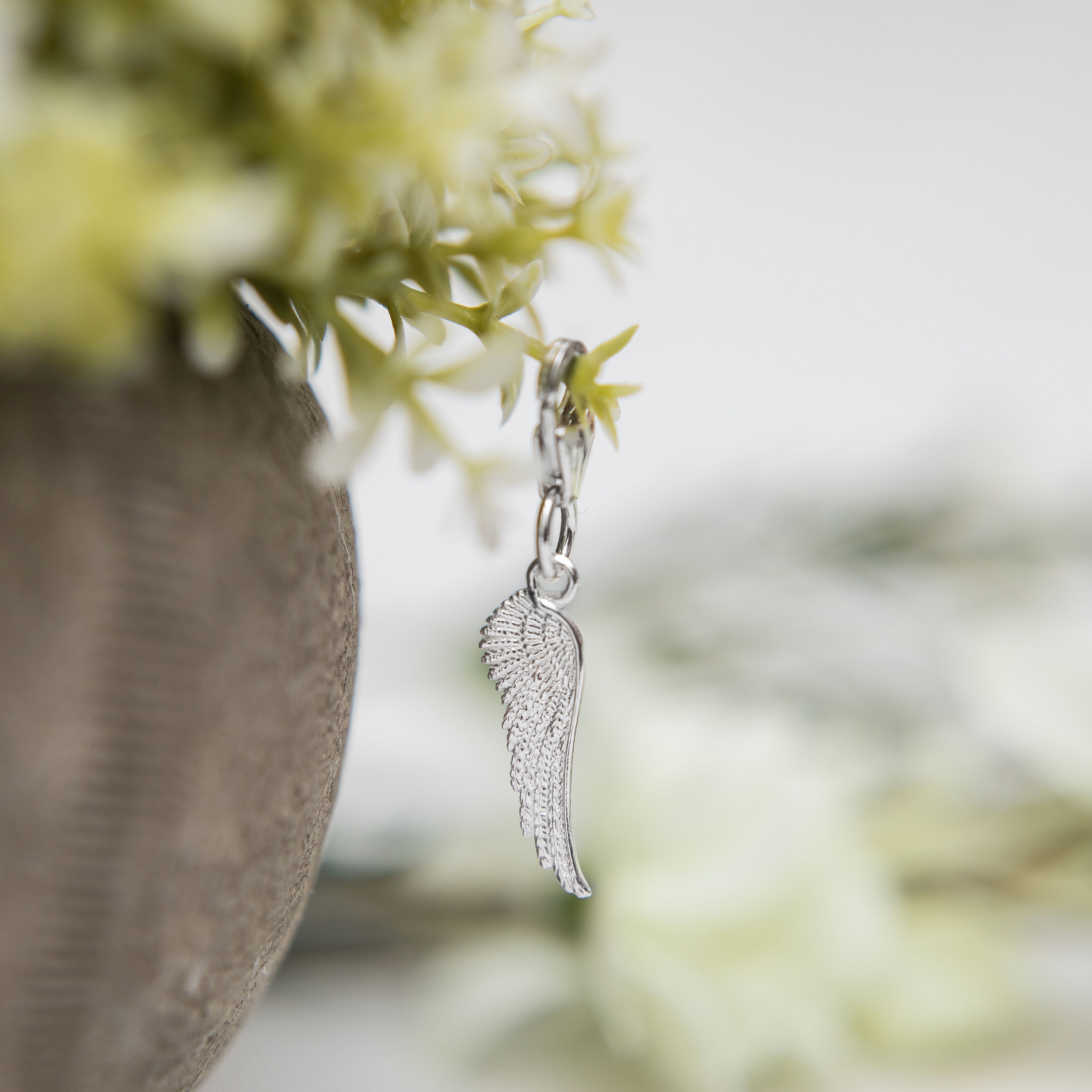 Silver angel wing charm - 925 sterling silver clip on charms - lobster clasp