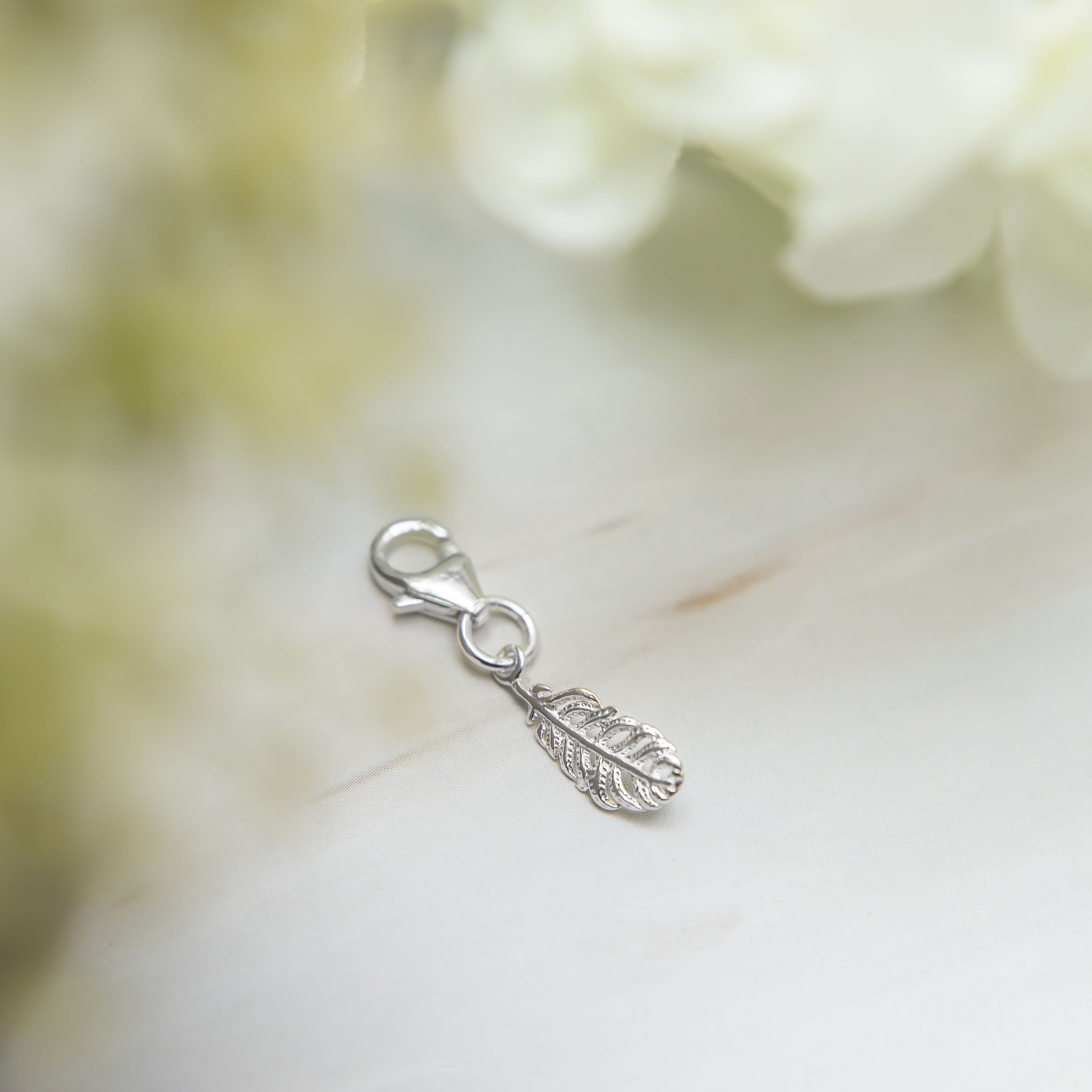 Silver feather charm - 925 sterling silver clip on charms - lobster clasp
