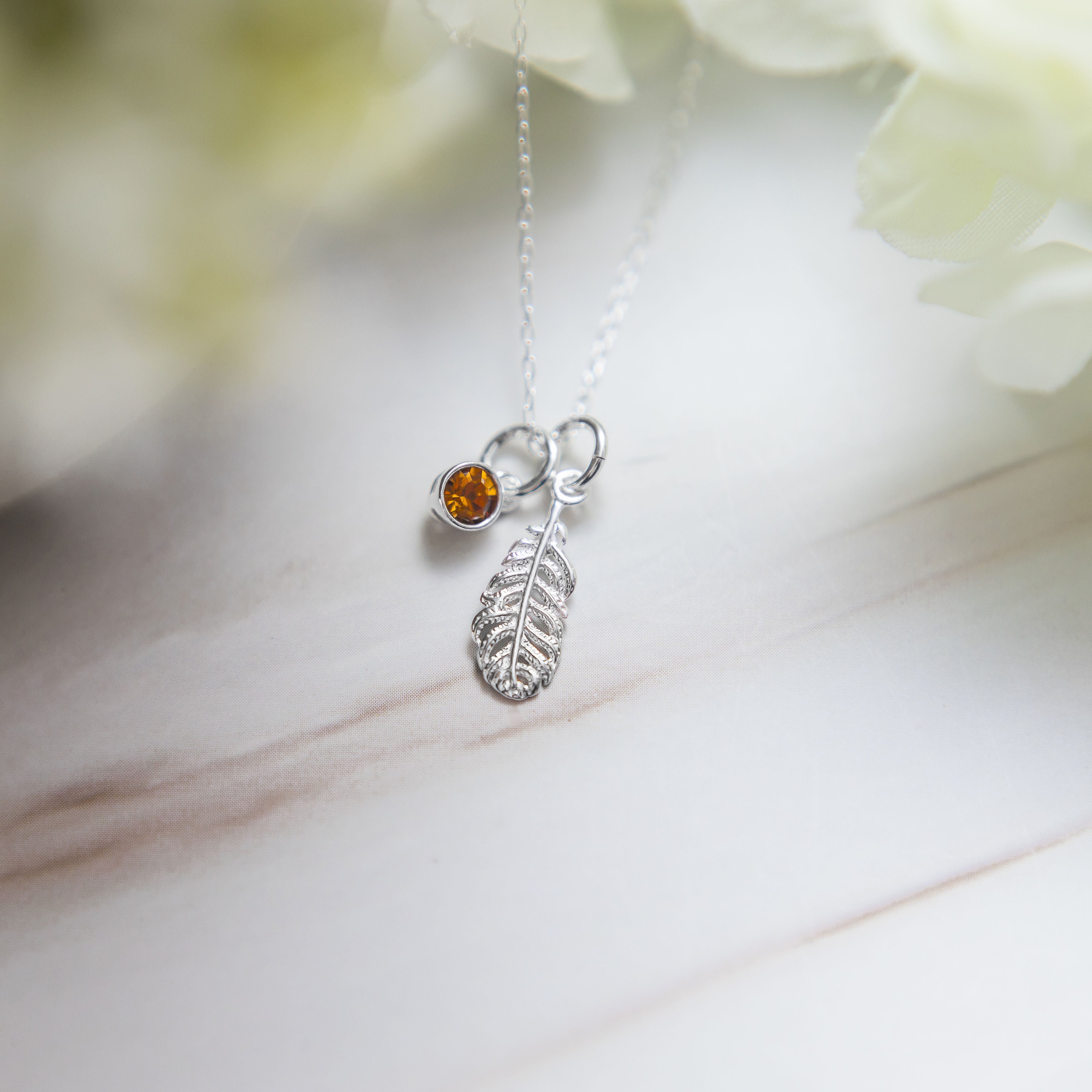 Silver feather necklace birthstone jewellery personalised gifts