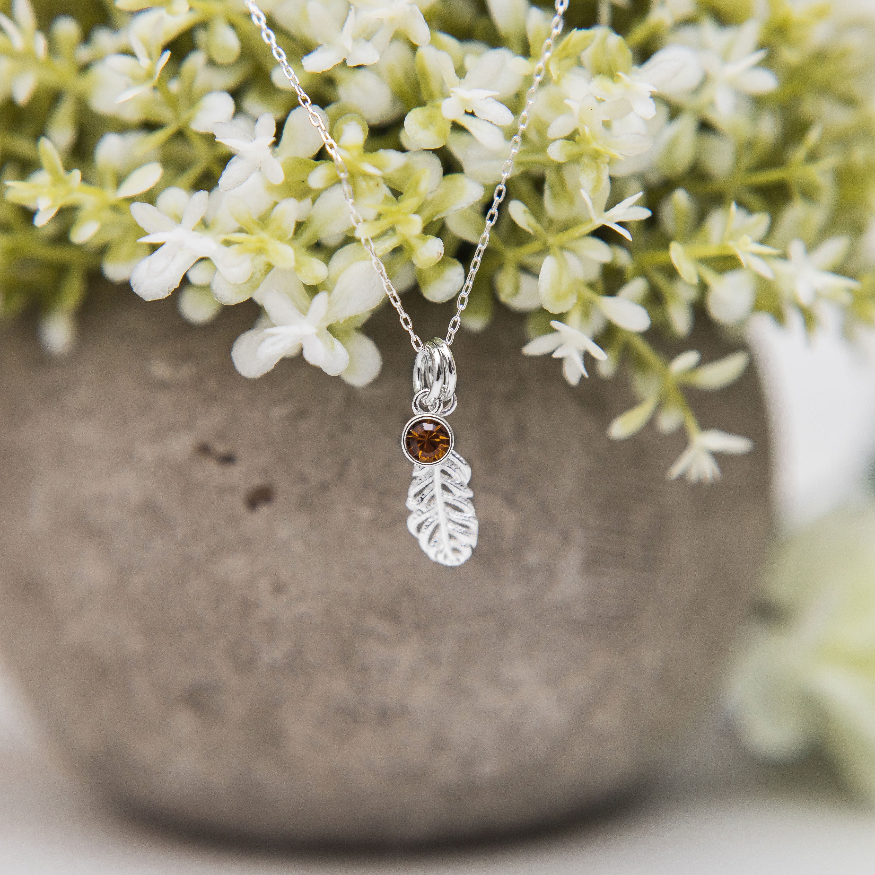 Silver feather necklace birthstone jewellery personalised gifts