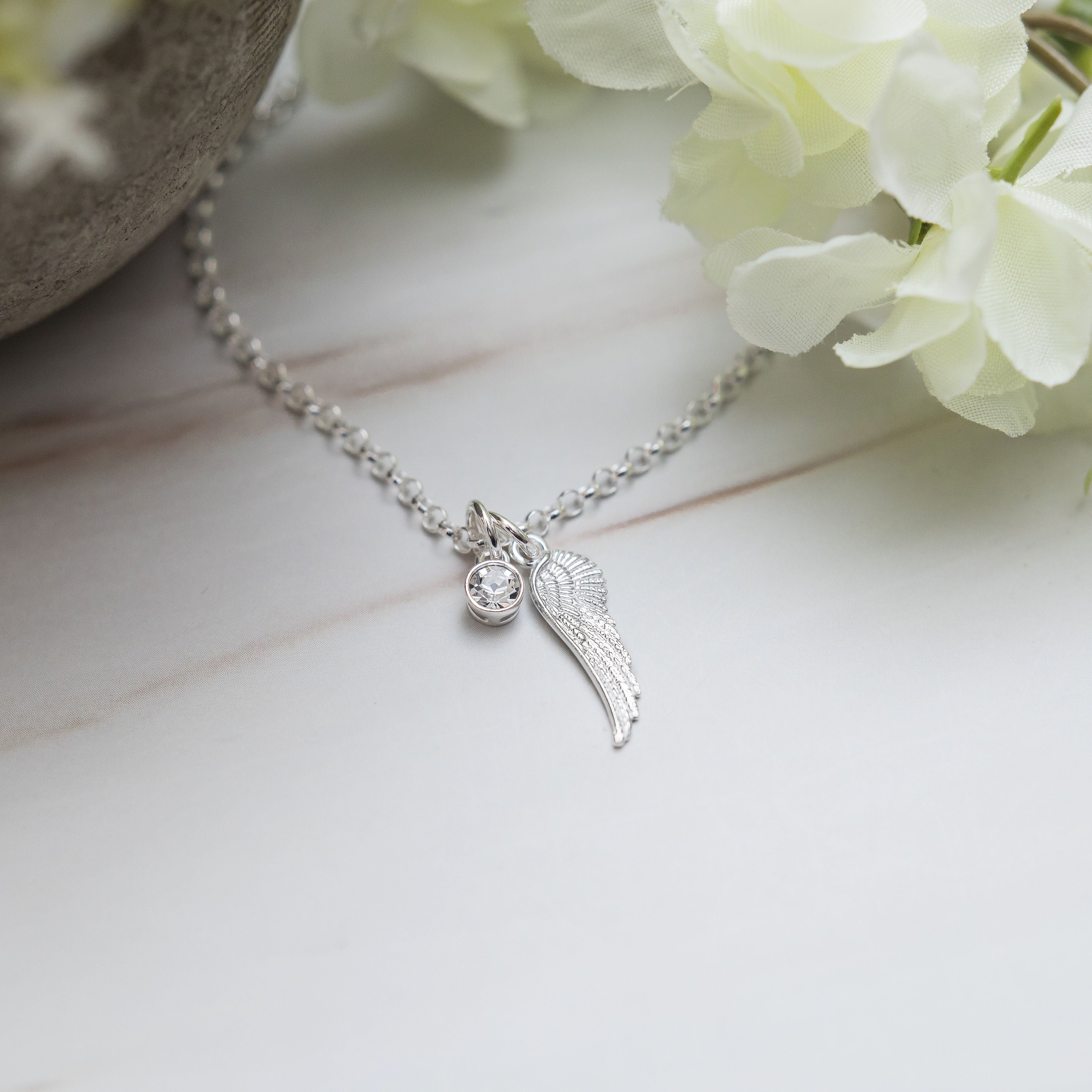 Sterling Silver Angel Wing Bracelet Personalised Birthstone and Letter