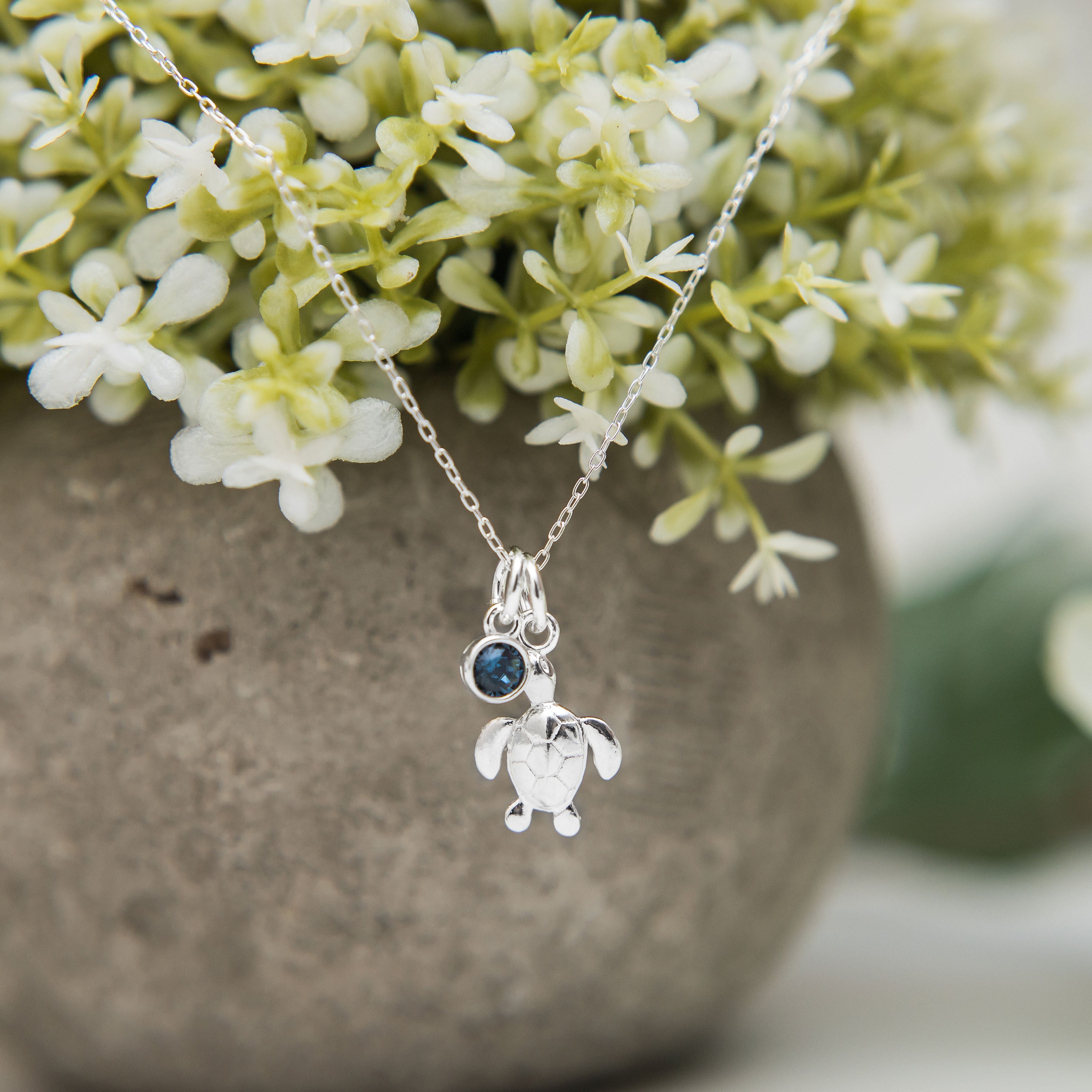 Silver turtle necklace birthstone jewellery personalised gifts sea ocean gifts