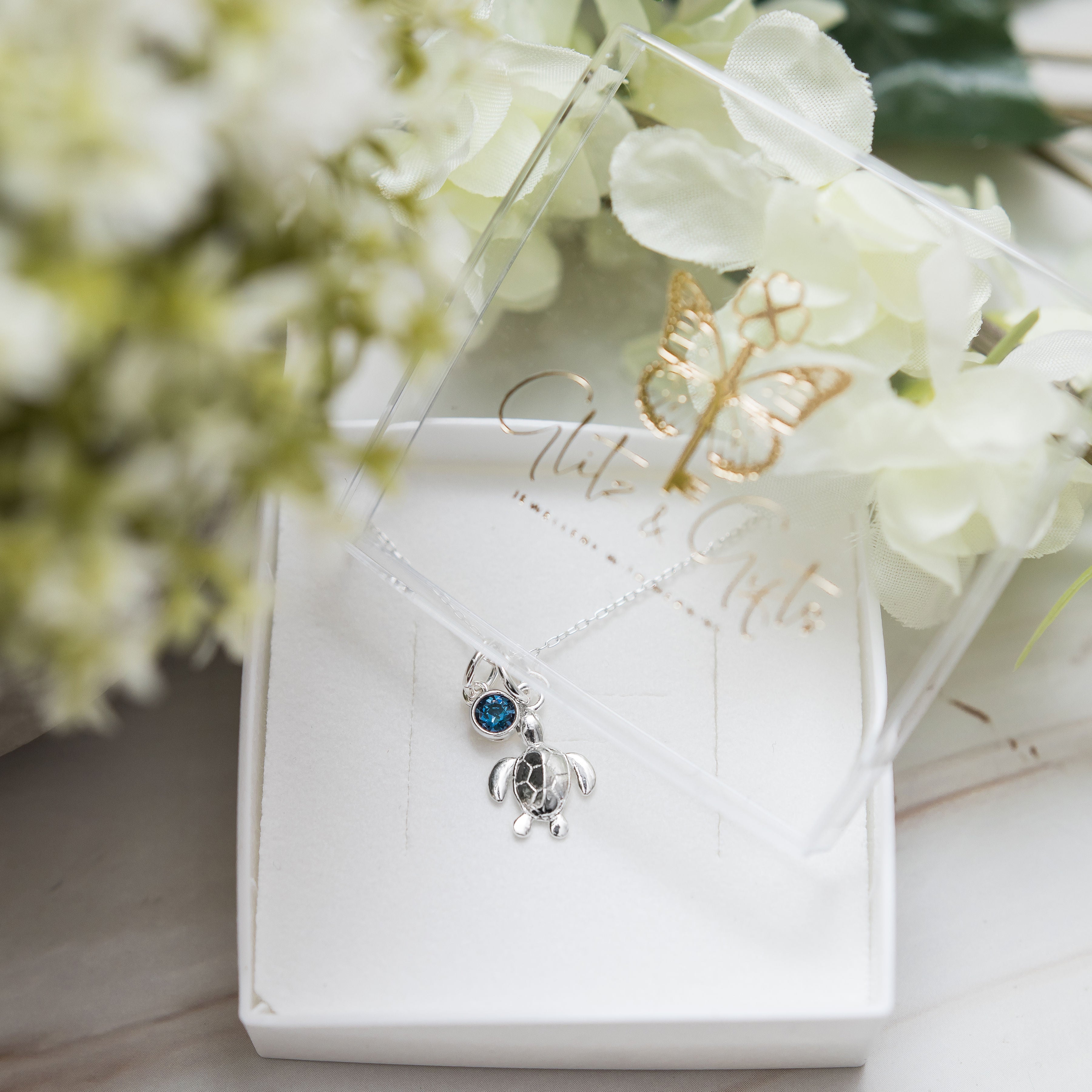 Silver turtle necklace birthstone jewellery personalised gifts sea ocean gifts