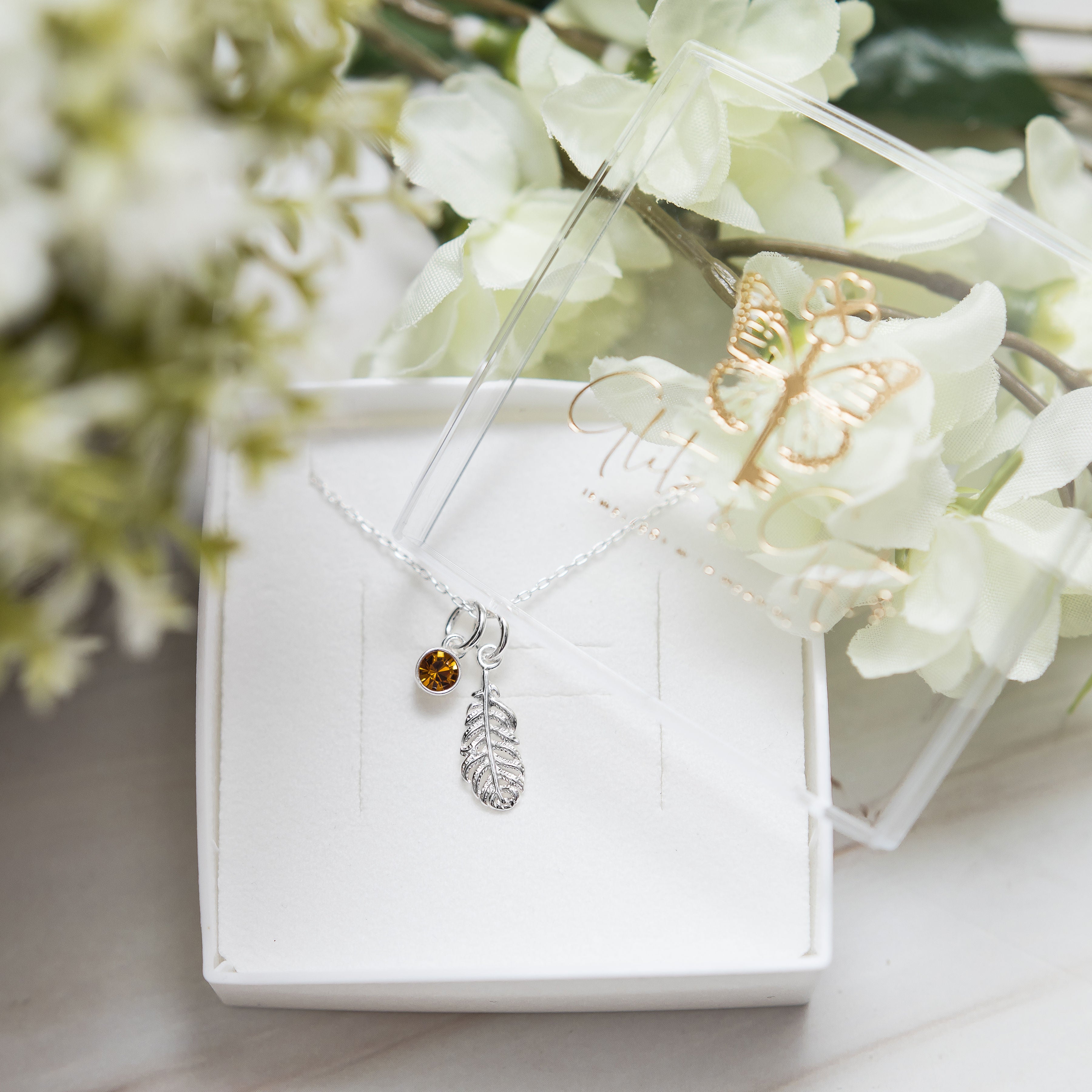 Silver feather necklace birthstone jewellery personalised gifts