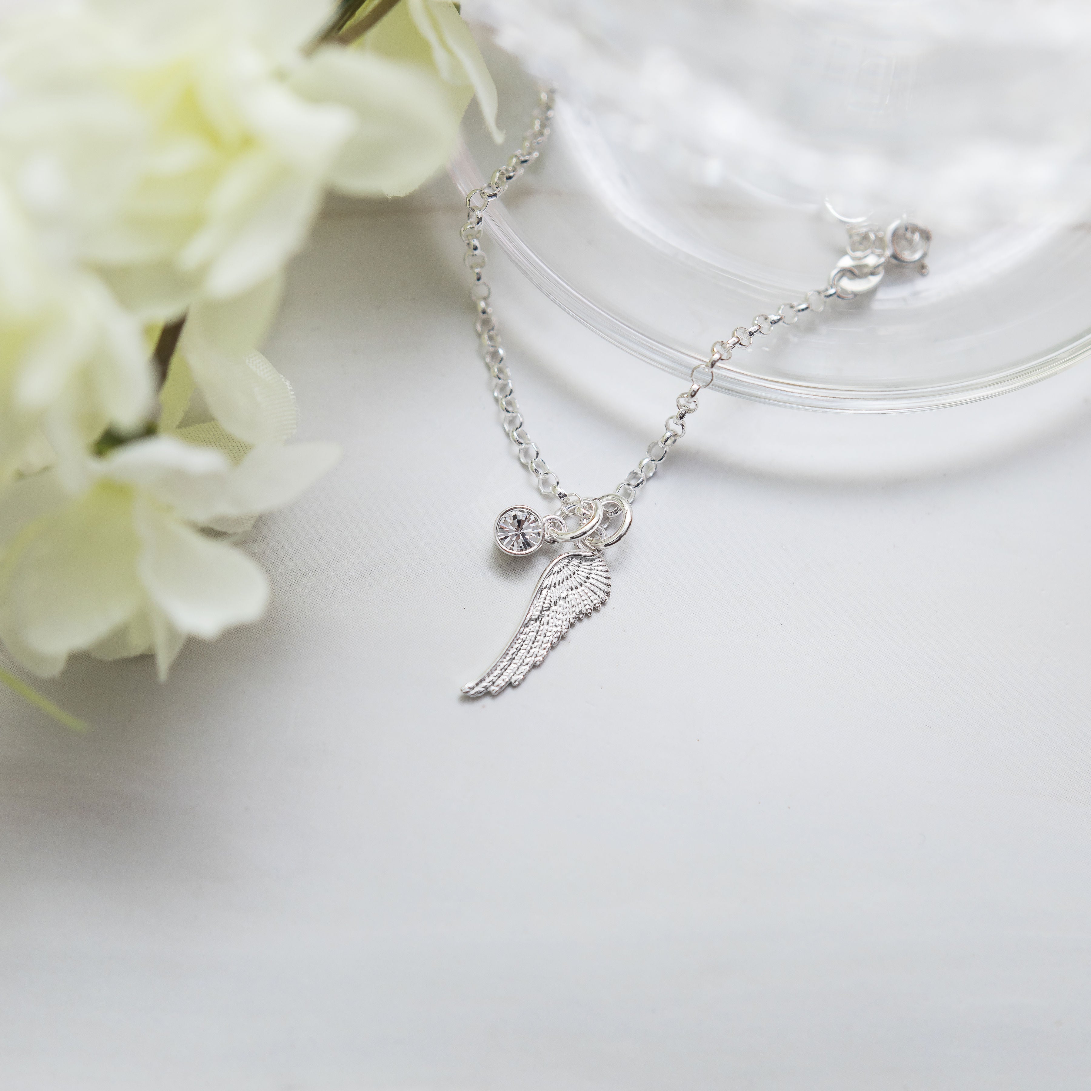Sterling Silver Angel Wing Bracelet Personalised Birthstone and Letter
