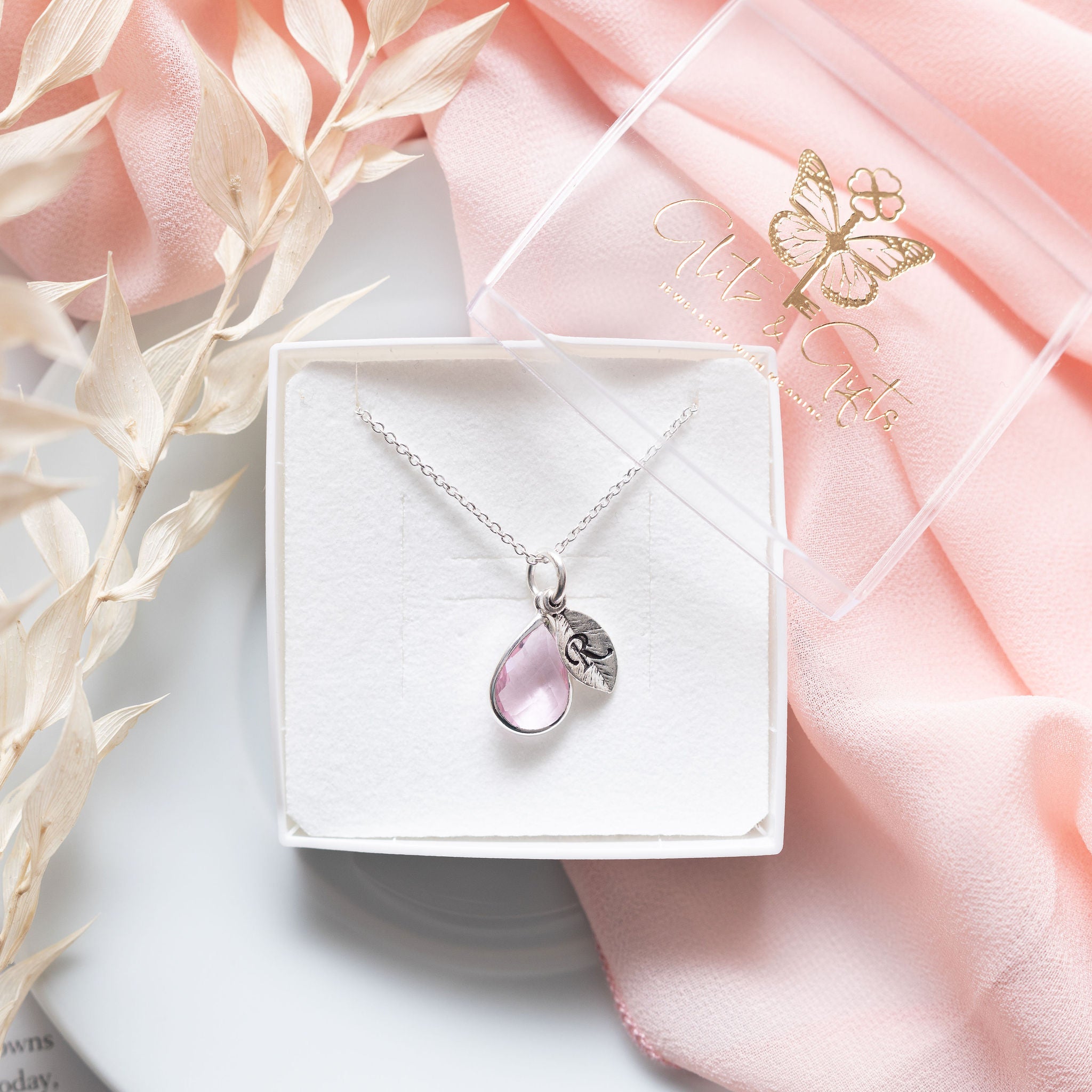 Personalised Birthstone & Leaf Initial Necklace