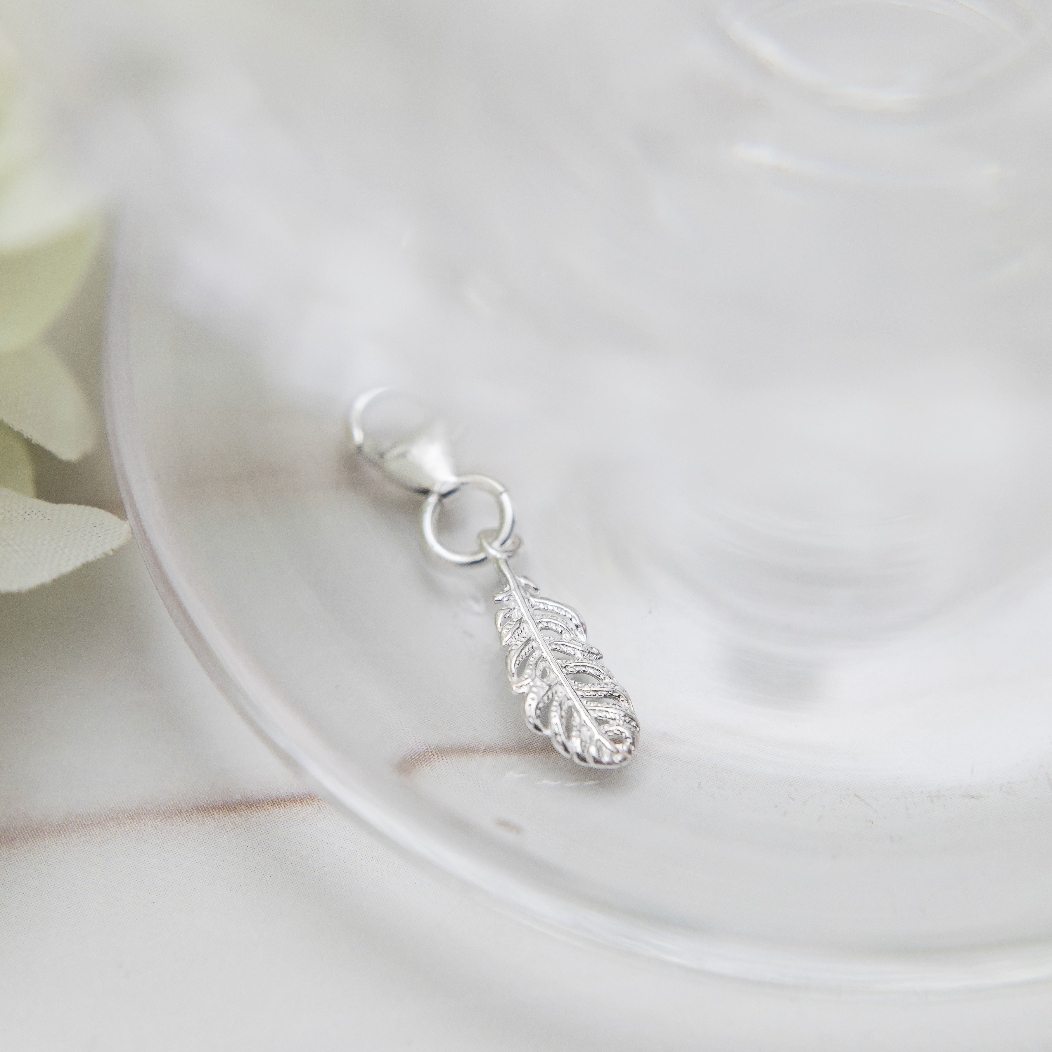 Silver feather charm - 925 sterling silver clip on charms - lobster clasp