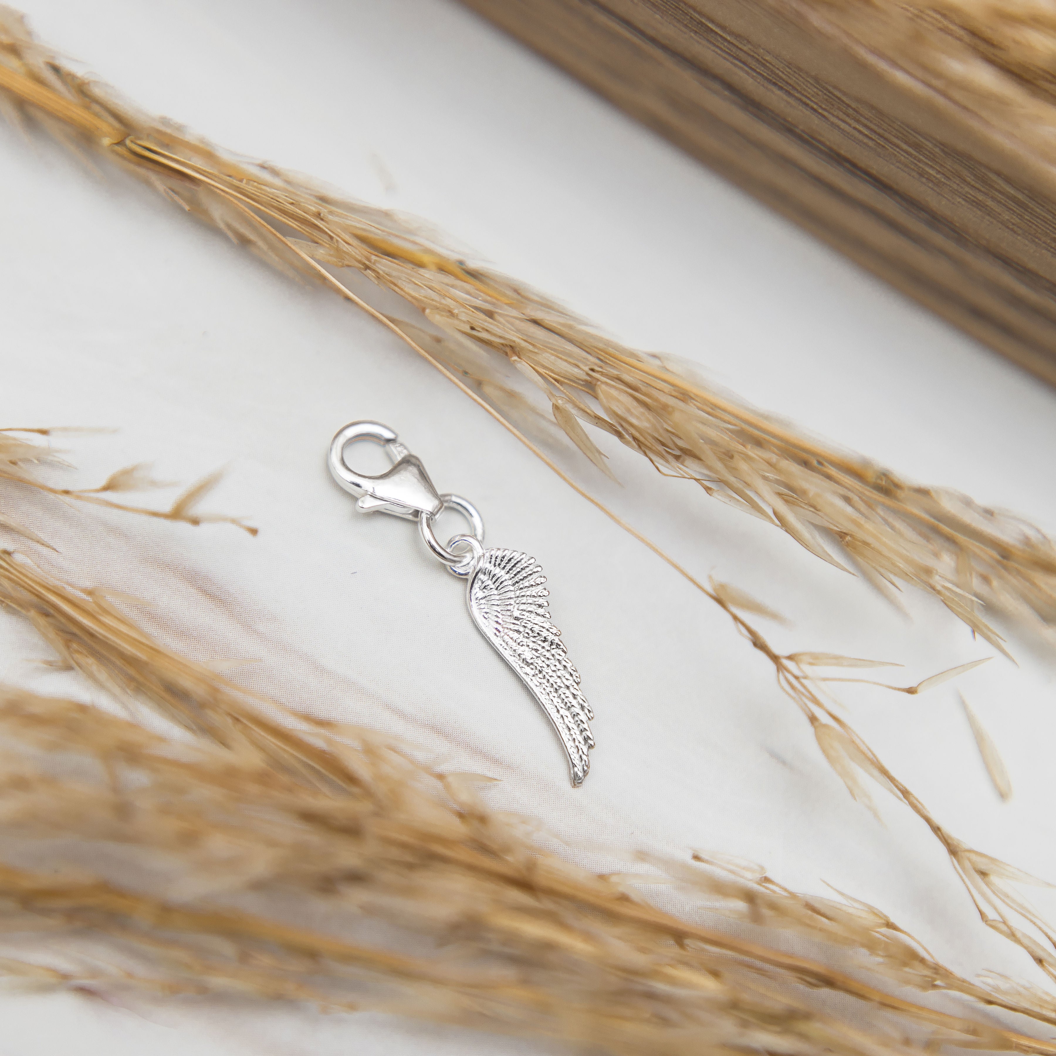 Silver angel wing charm - 925 sterling silver clip on charms - lobster clasp