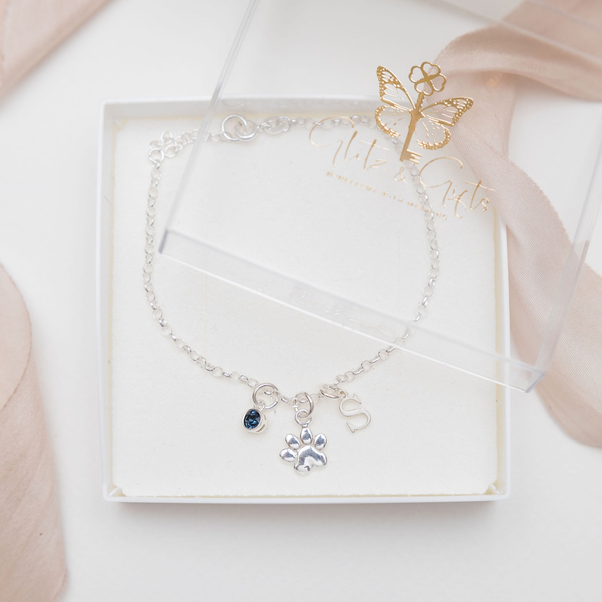 Sterling Silver Personalised Paw Print Bracelet