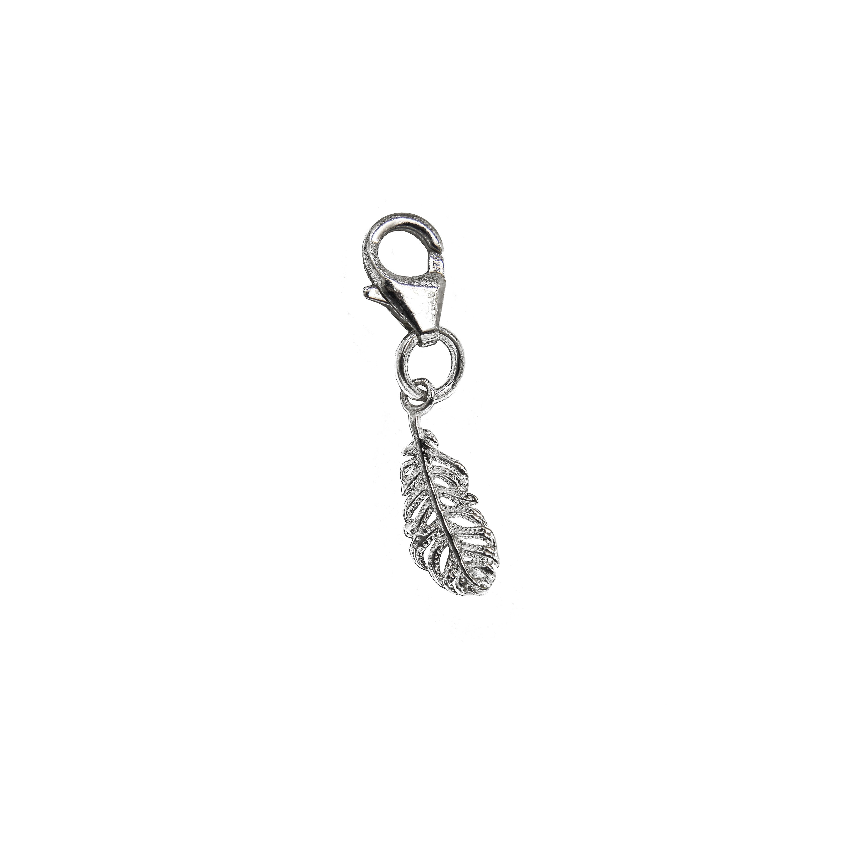 Silver feather charm - 925 sterling silver clip on charms - lobster clasp