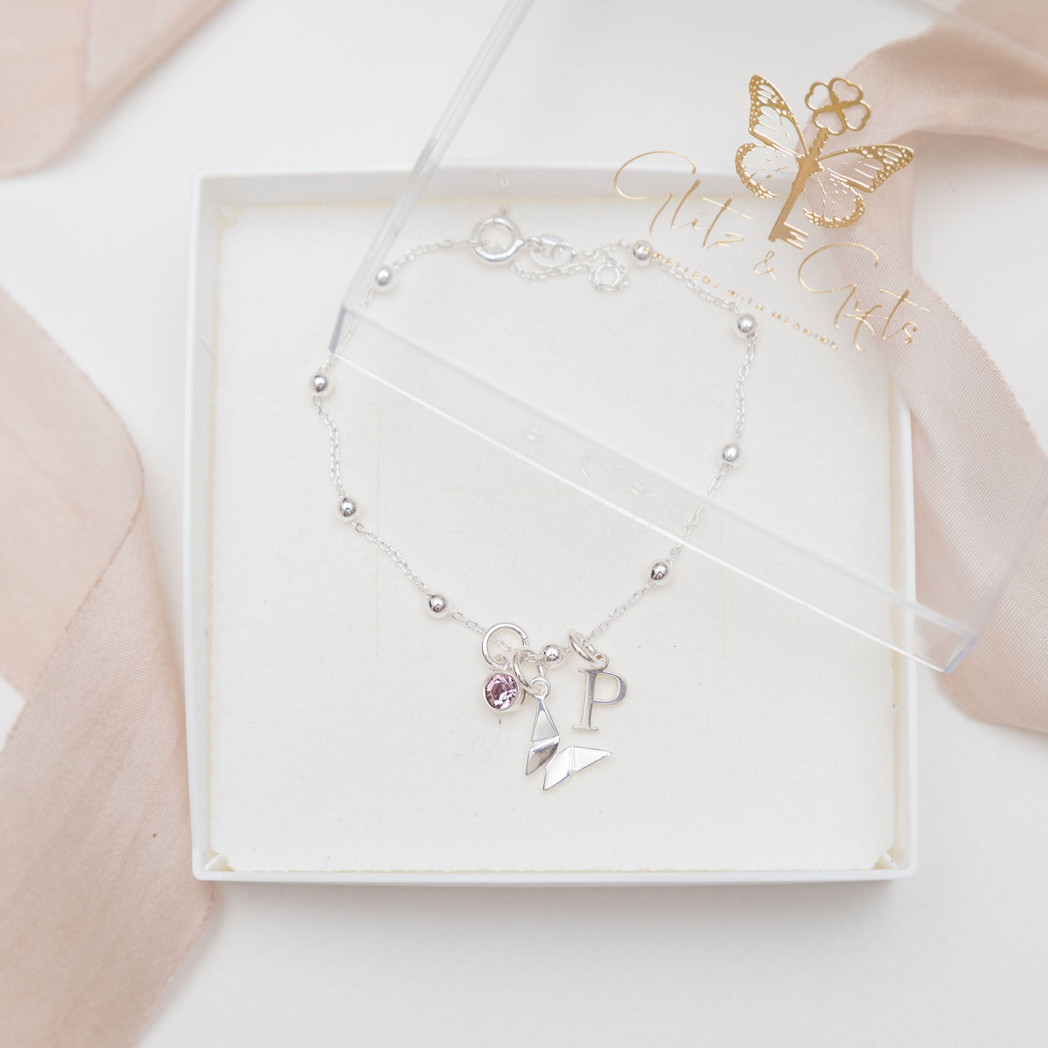Sterling Silver Personalised Origami Butterfly Bracelet