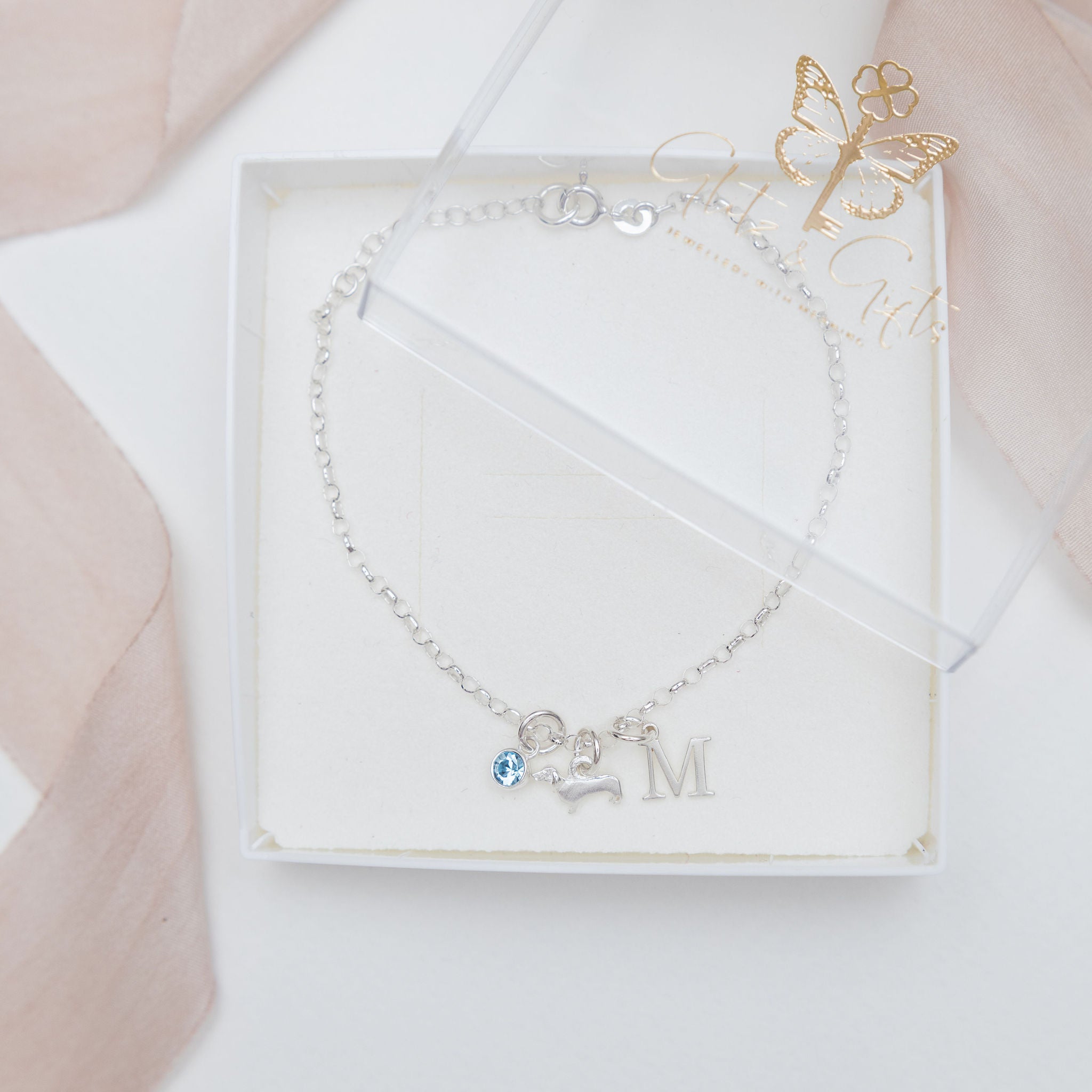 Sterling Silver Personalised Dachshund Dog Bracelet