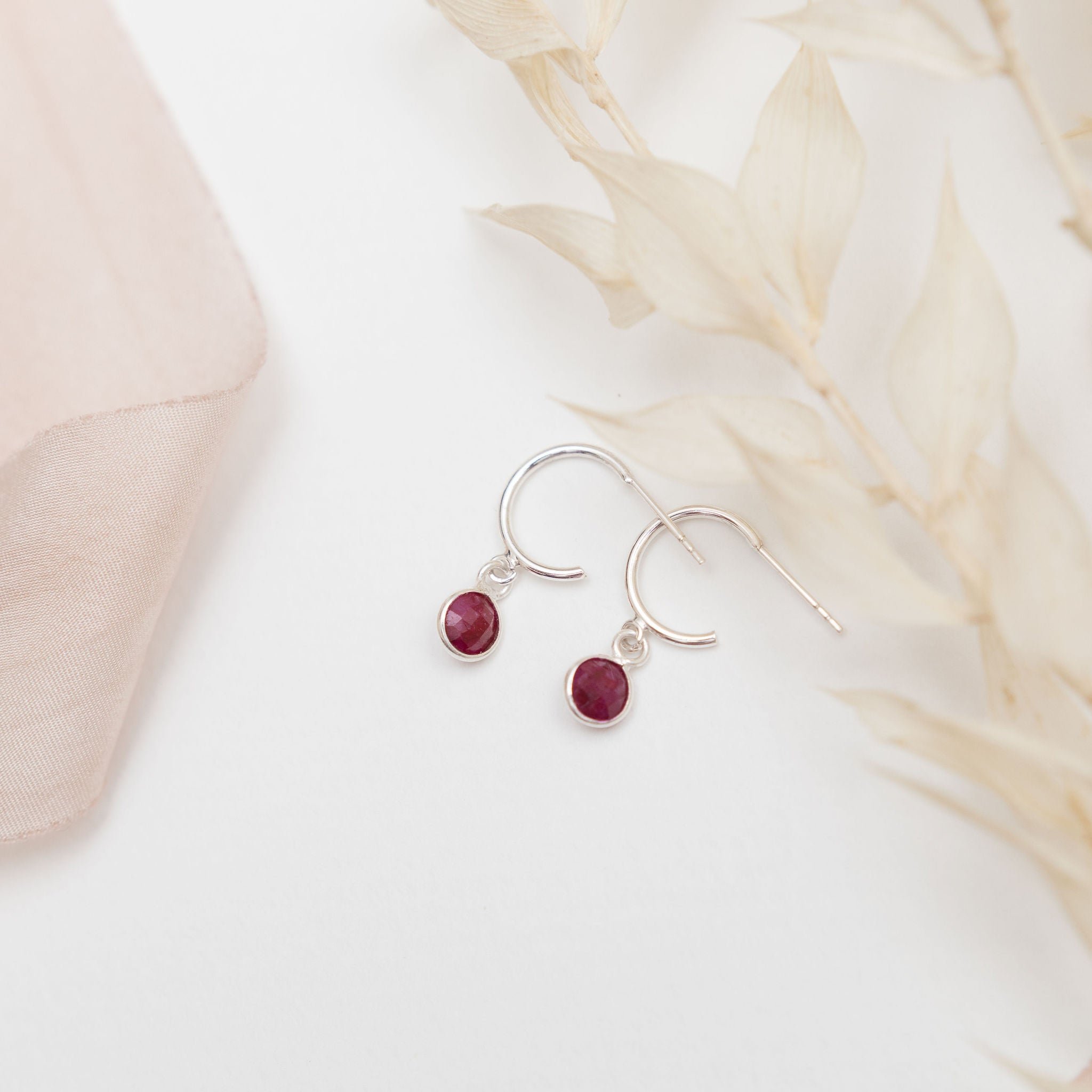 Sterling Silver Ruby Hoop Earrings