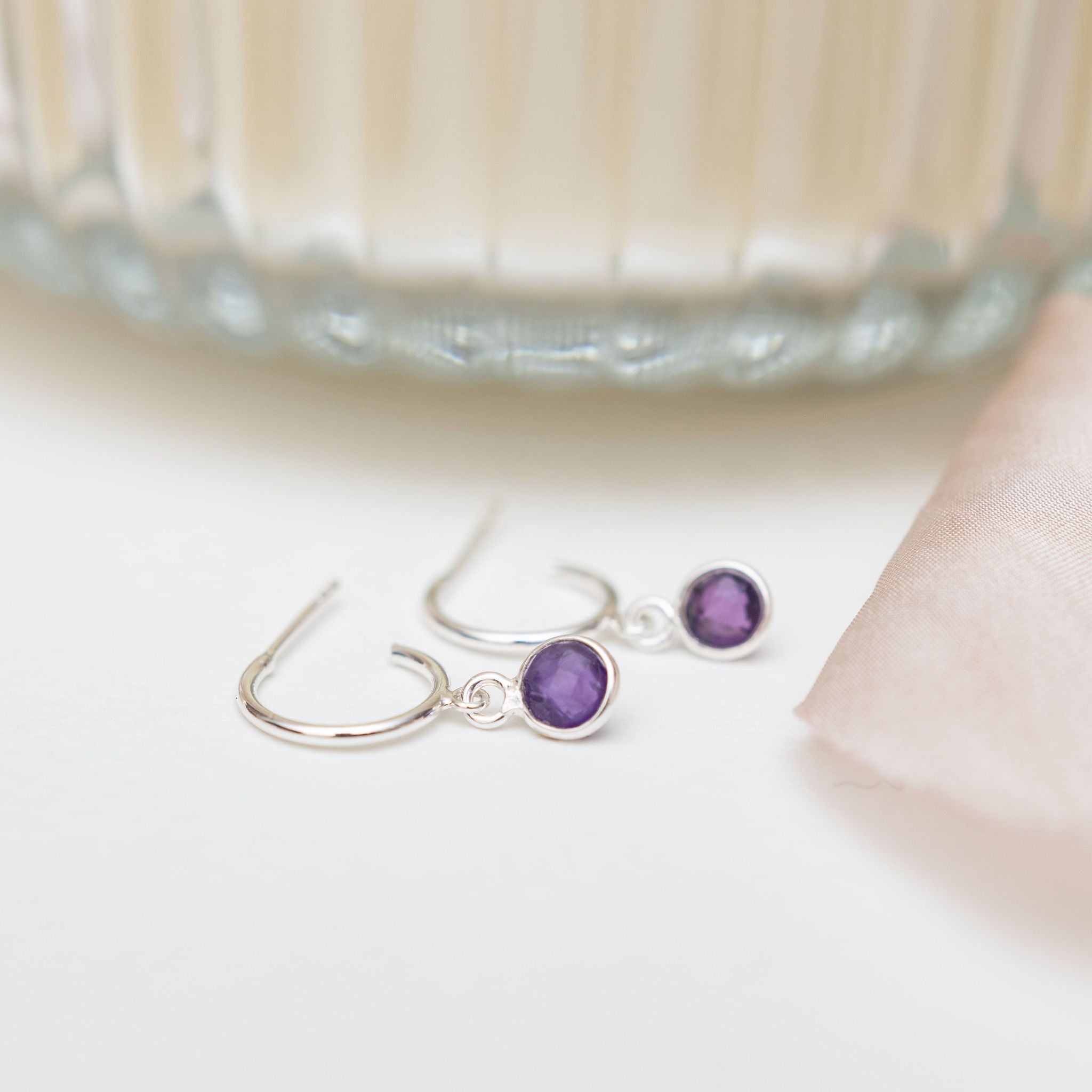 Sterling Silver Amethyst Hoop Earrings
