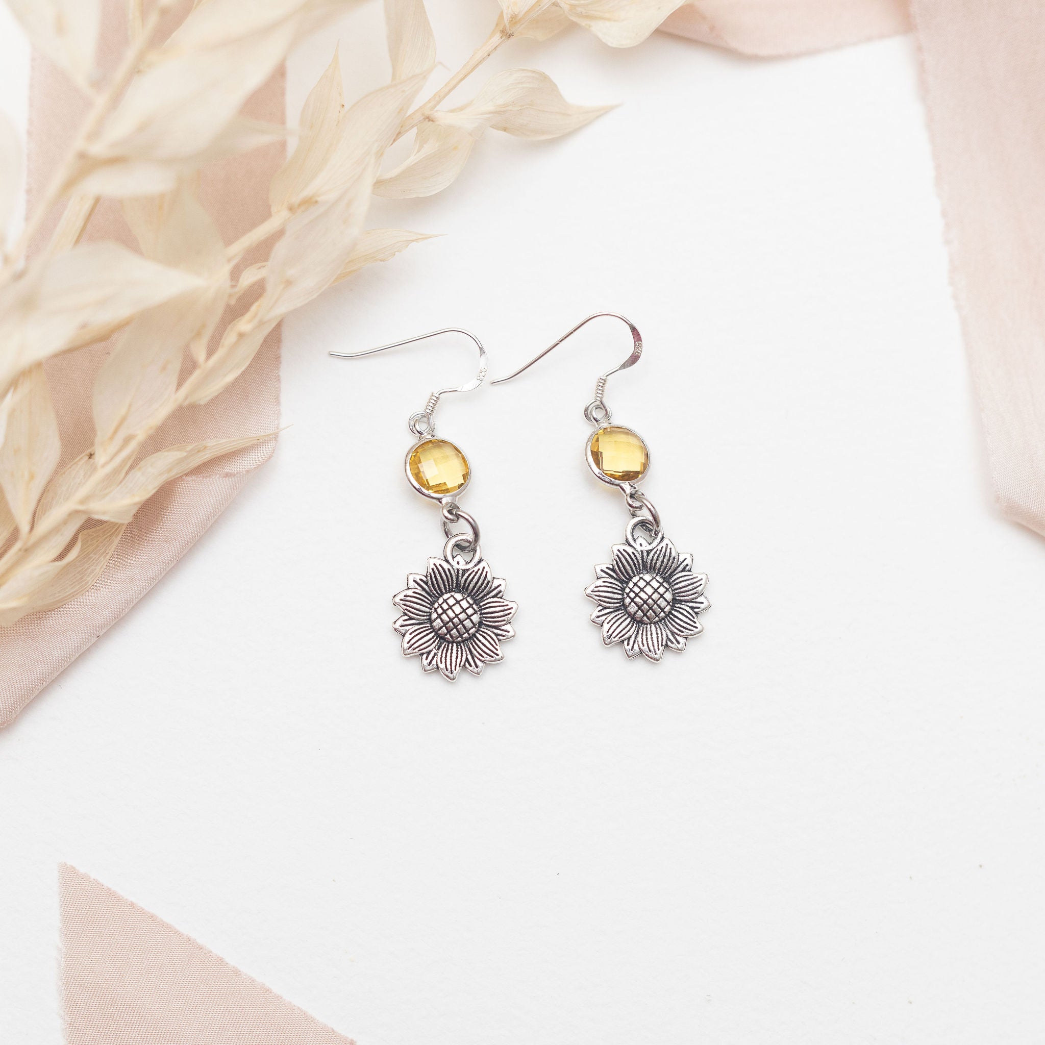 Personalised Sunflower Birthstone Charm Earrings