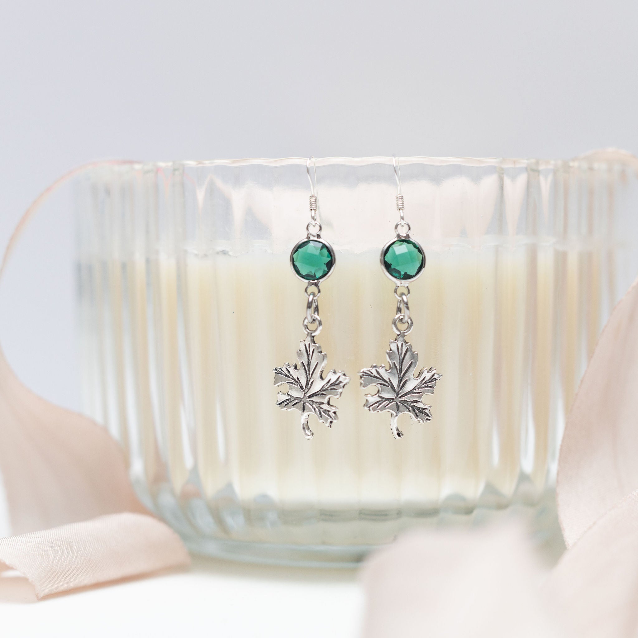 Personalised Maple Leaf Birthstone Charm Earrings