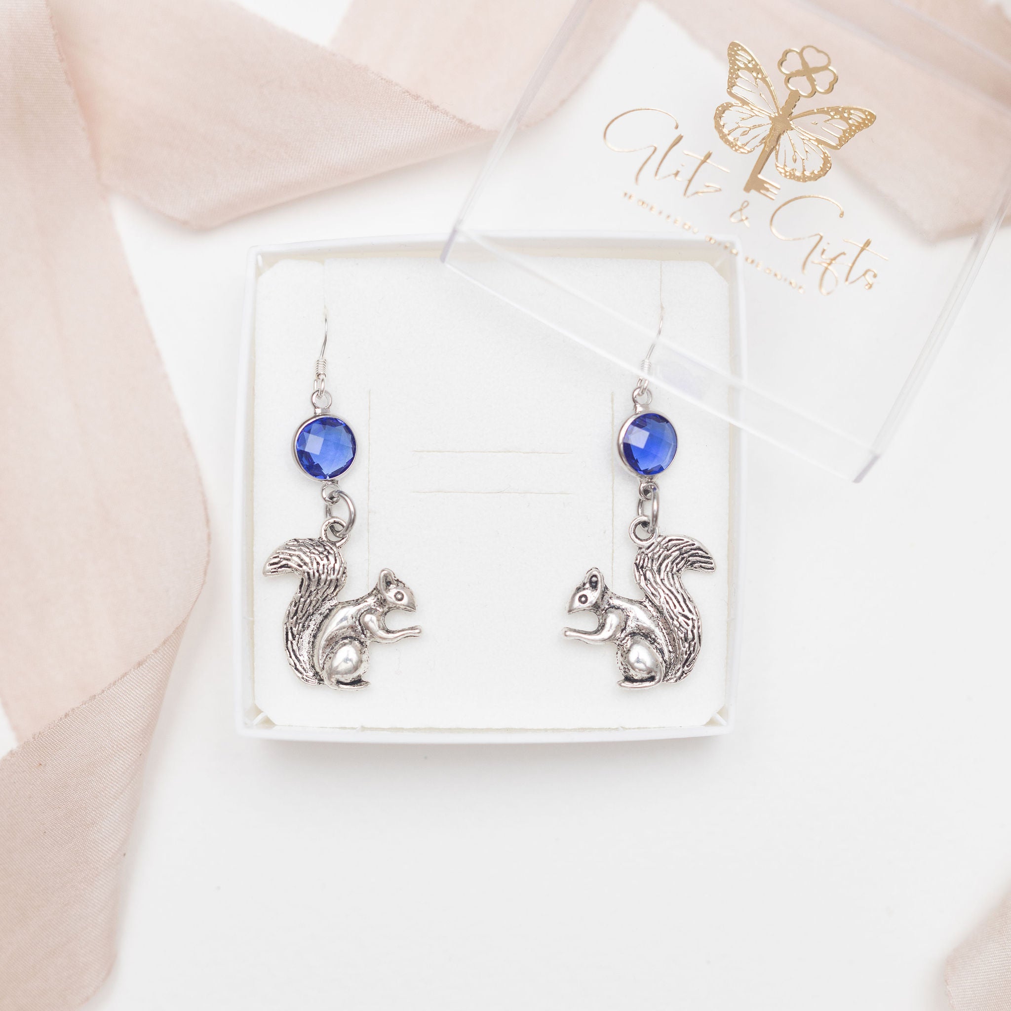 Personalised Squirrel Birthstone Charm Earrings
