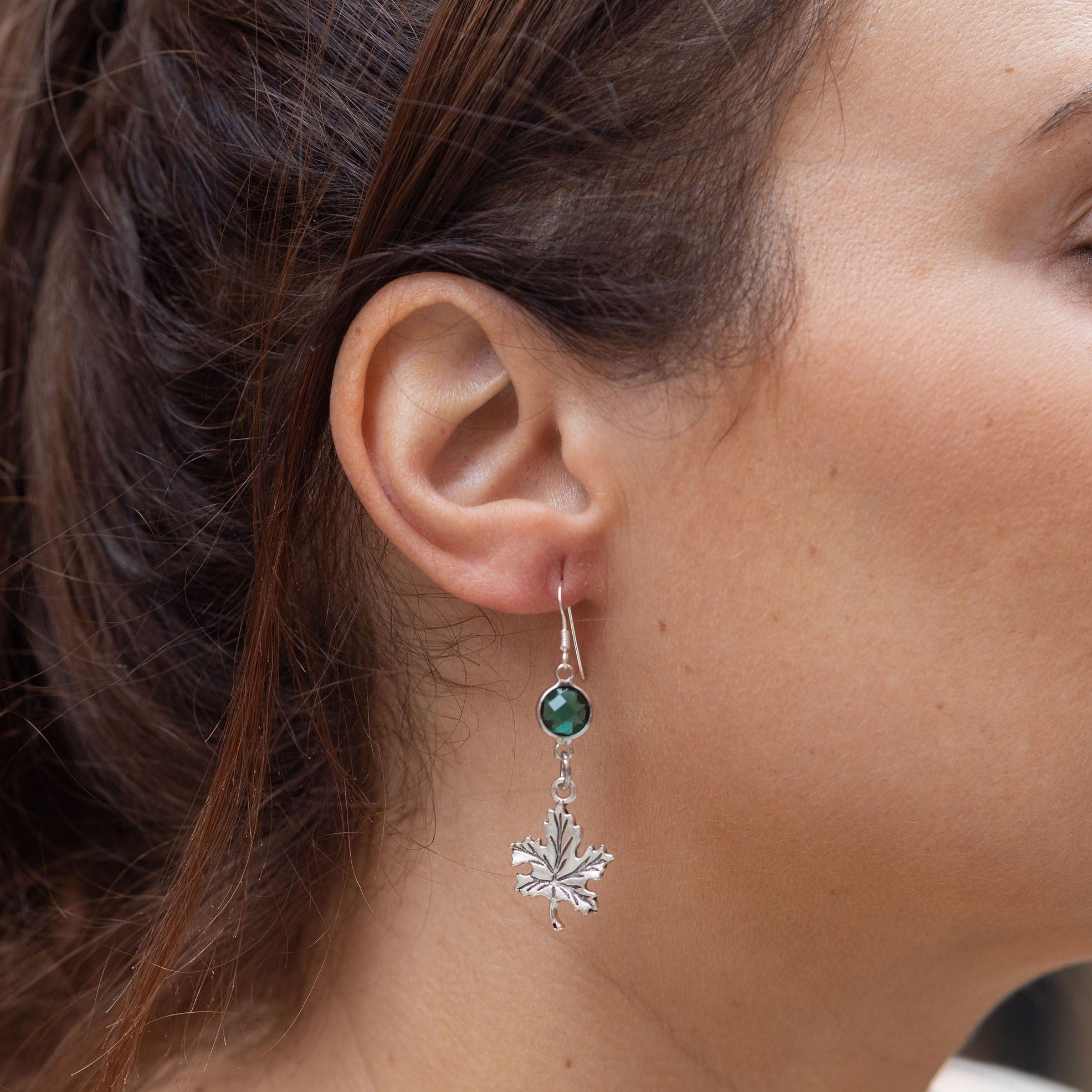 Personalised Maple Leaf Birthstone Charm Earrings