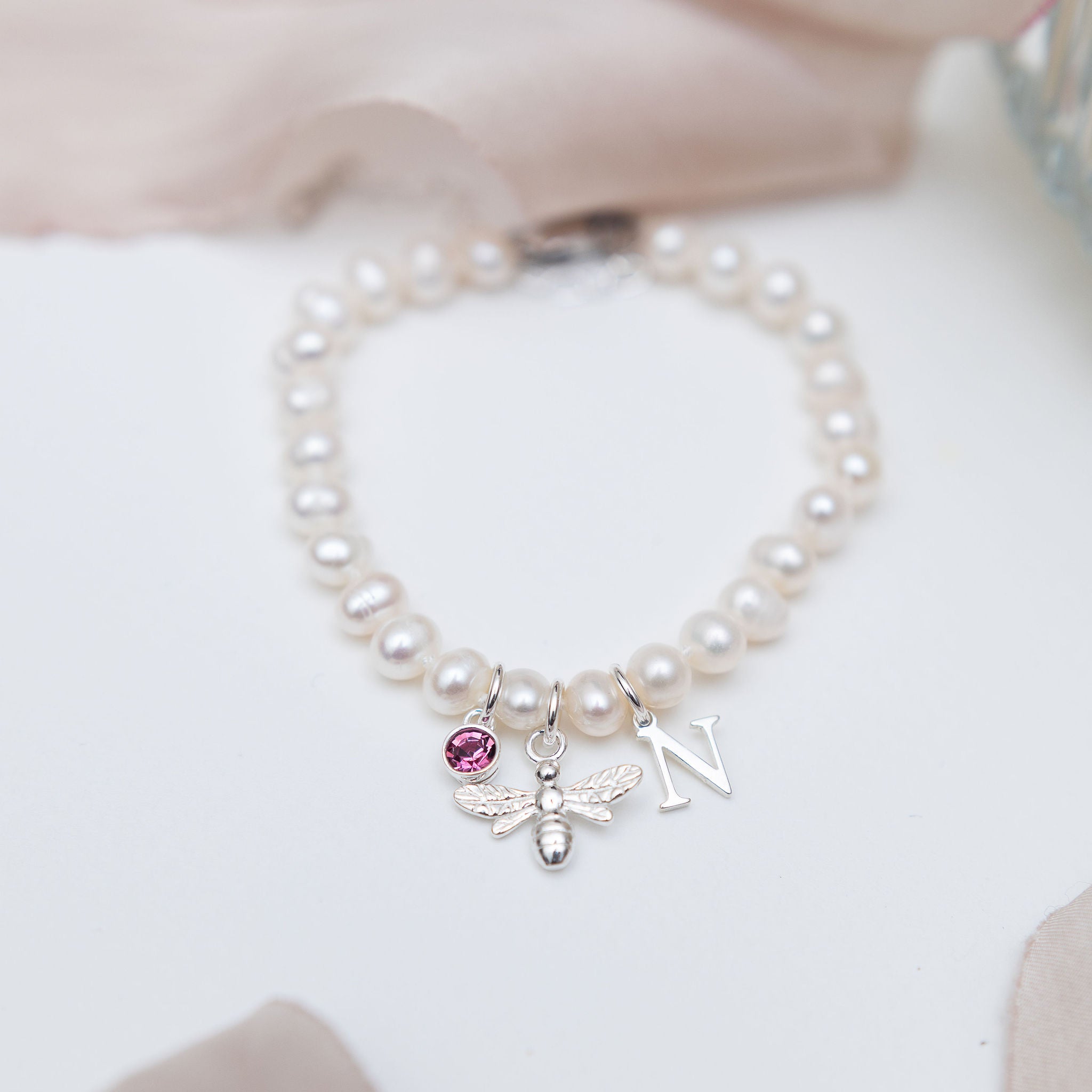 Freshwater Pearl Sterling Silver Personalised Bee Bracelet