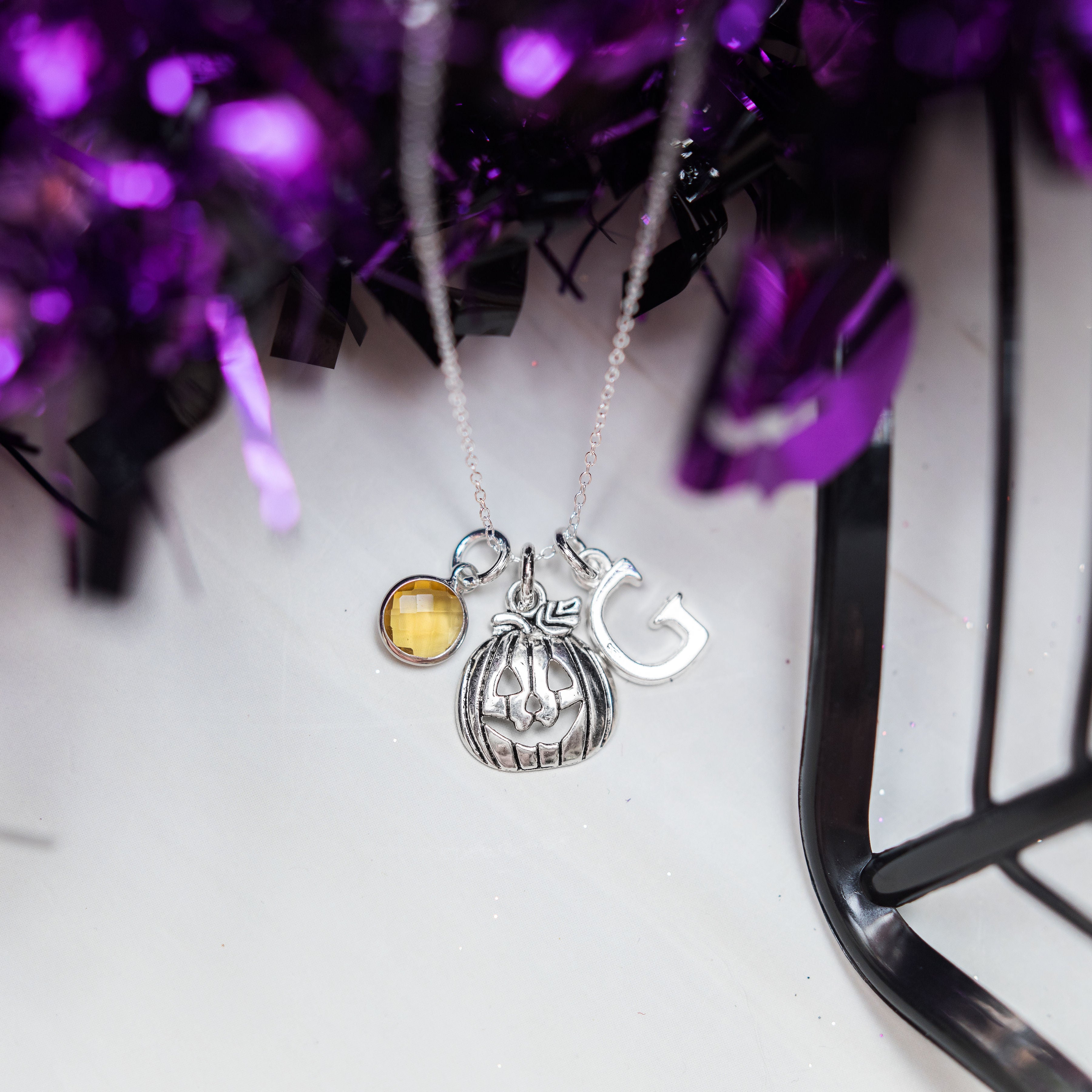 Personalised Pumpkin Necklace Birthstone and Initial