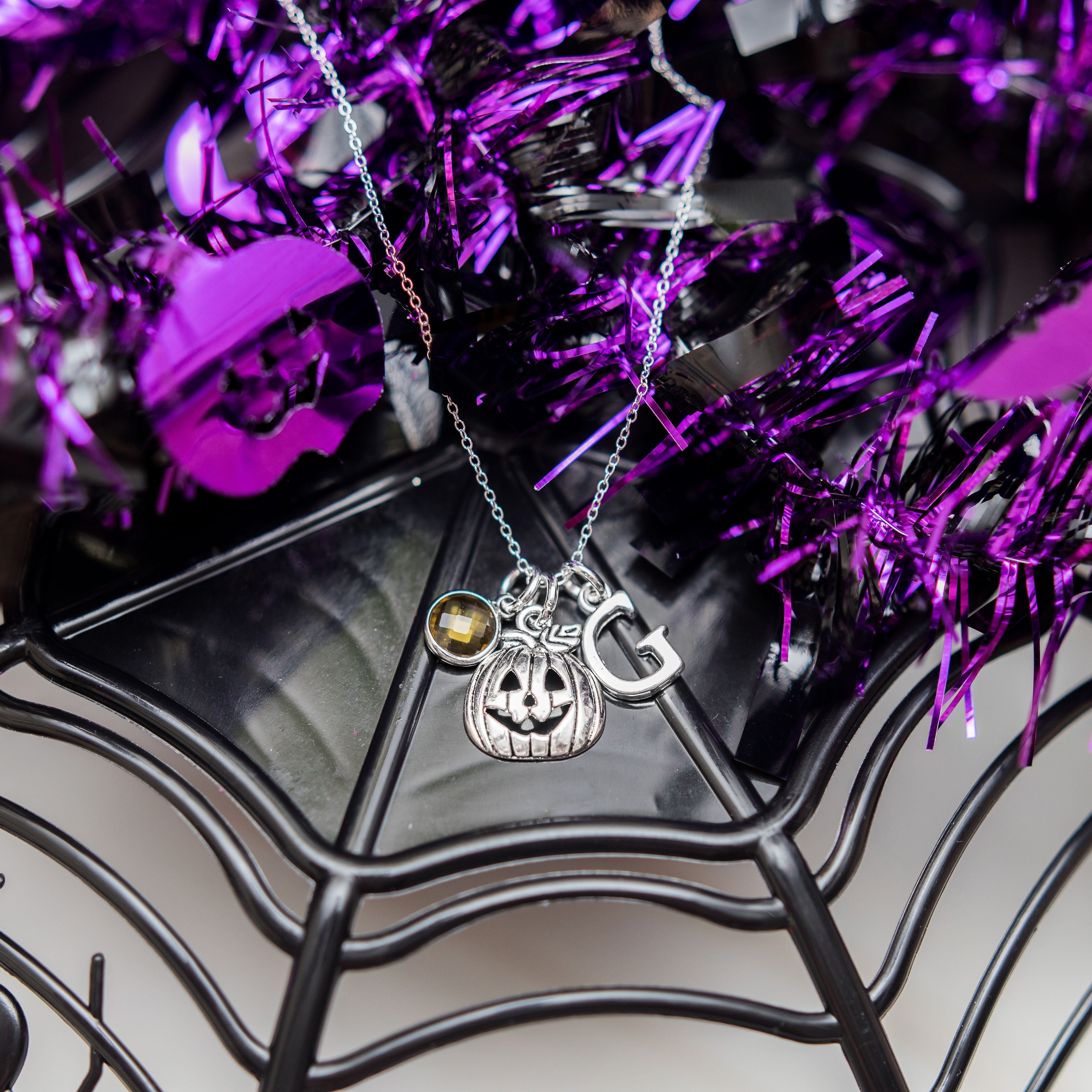 Personalised Pumpkin Necklace Birthstone and Initial