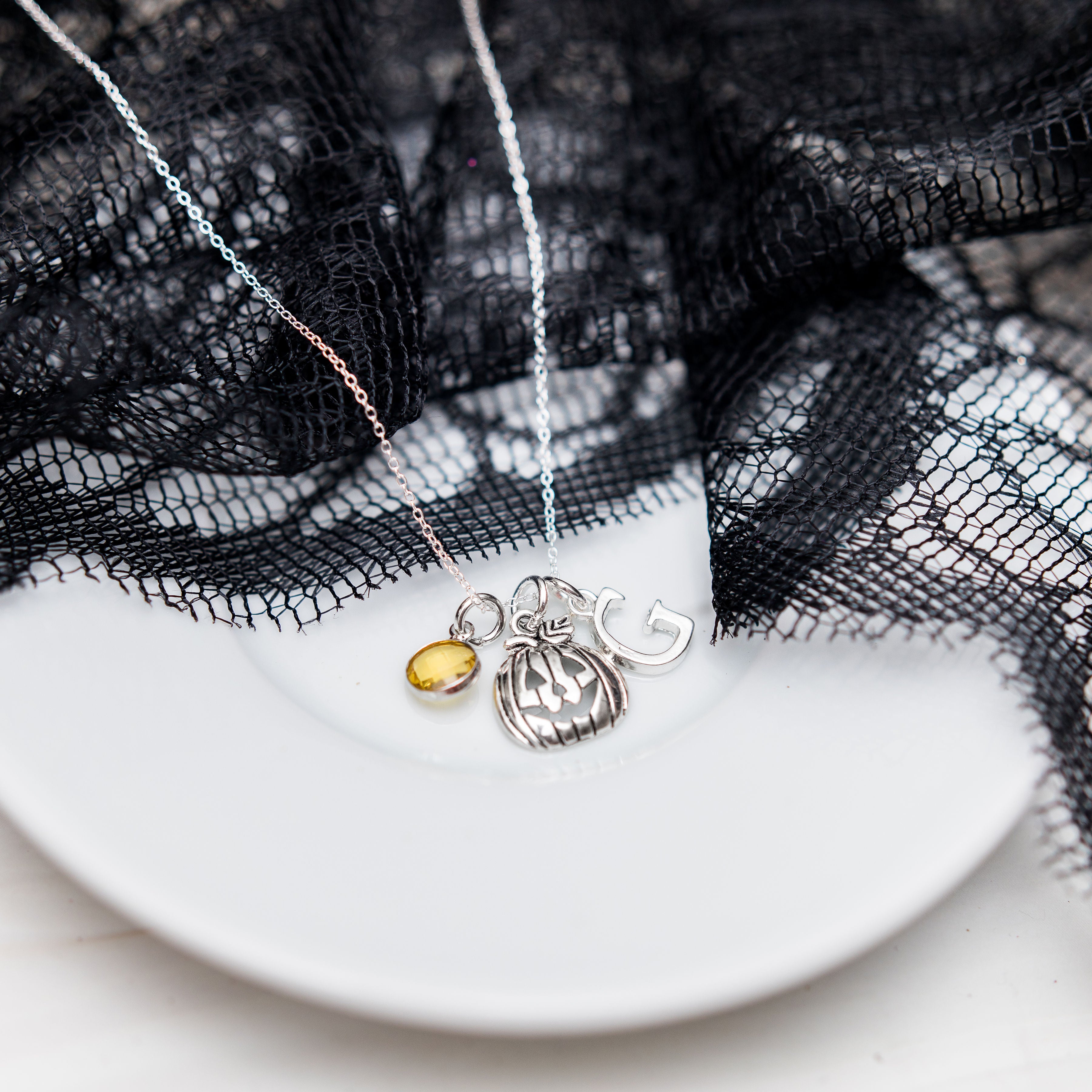 Personalised Pumpkin Necklace Birthstone and Initial